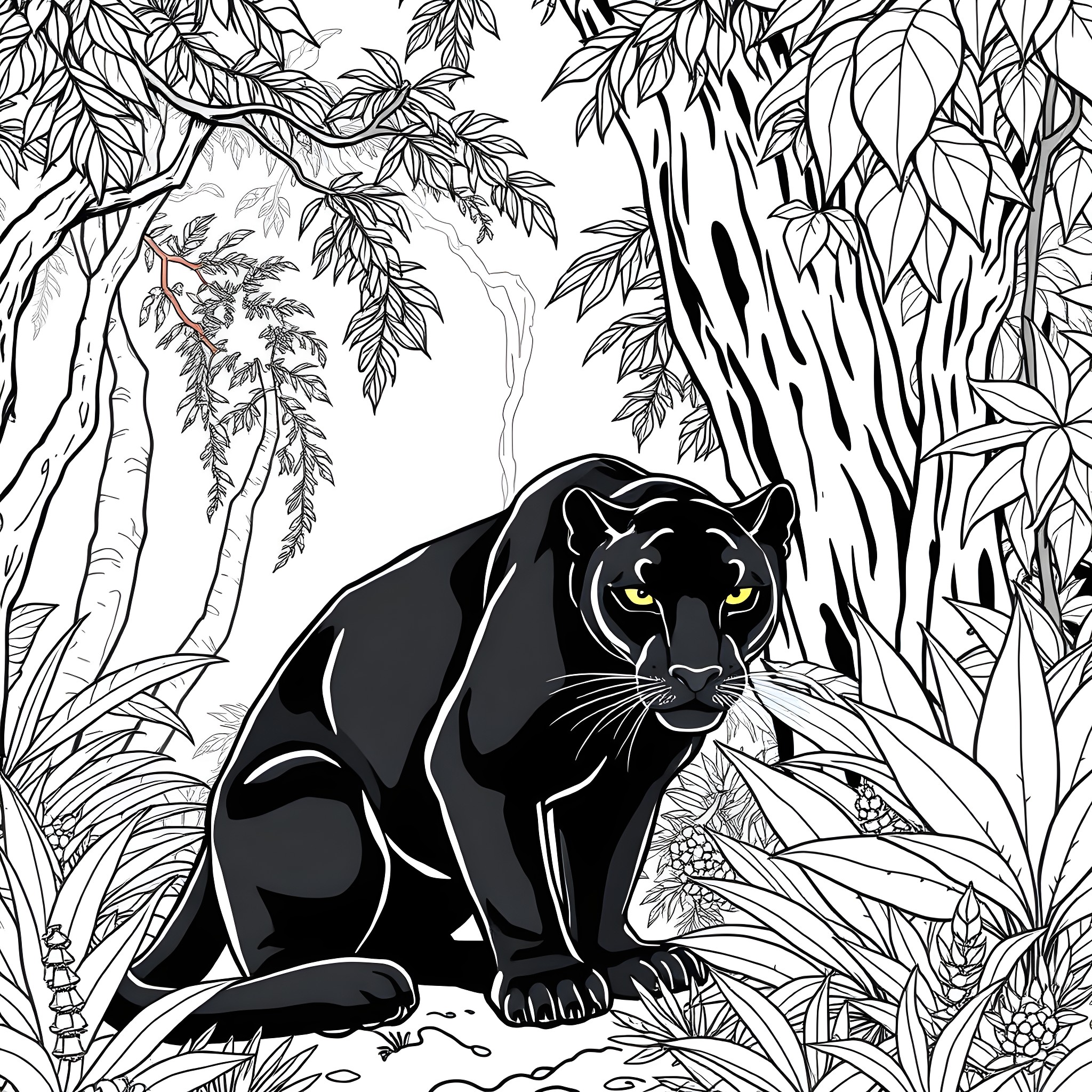 Panther stalking through the dense jungle foliage Coloring Page (free black-and-white line drawing printable PDF for all, from beginners to advanced learners, including children, teens, adults, and seniors)