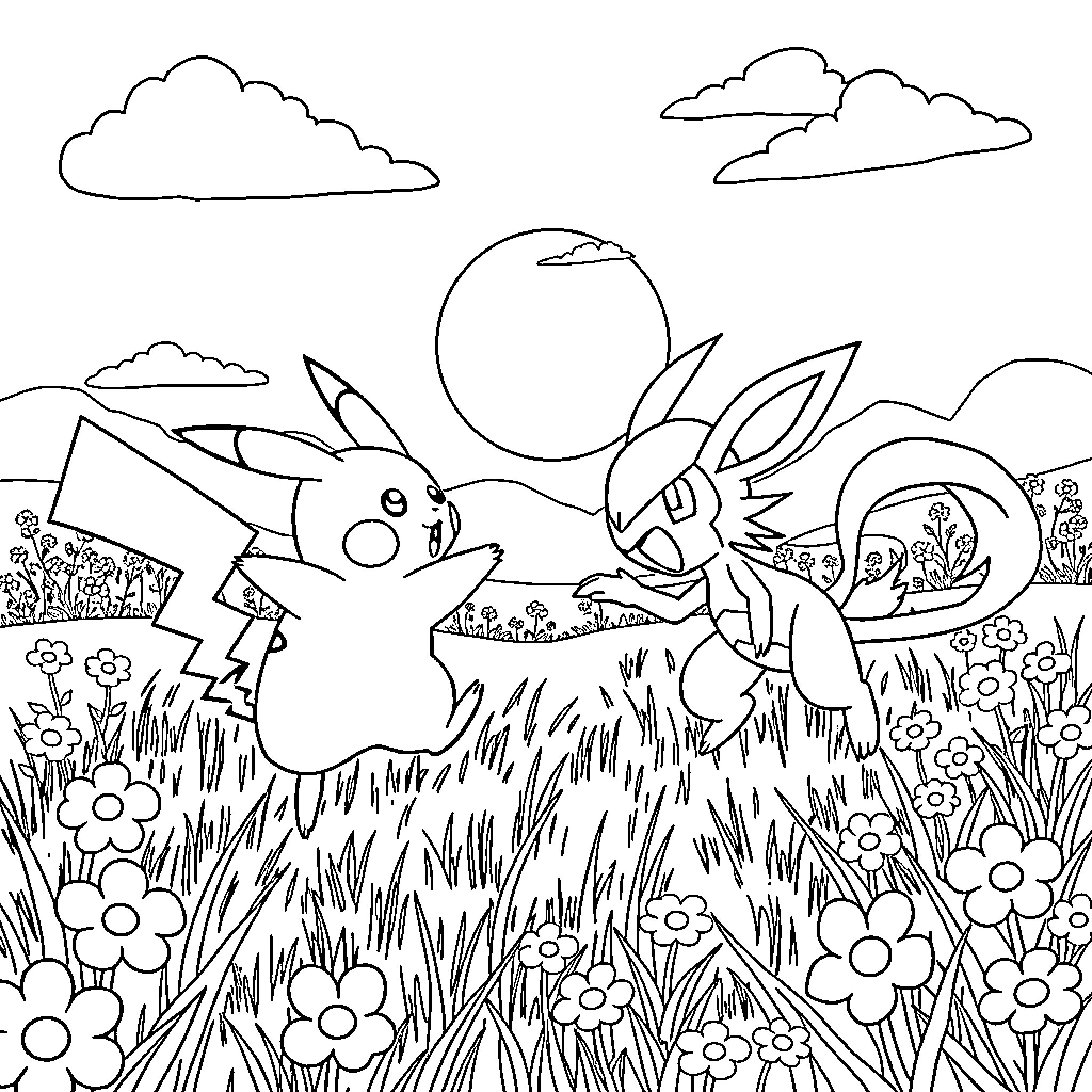 Pikachu playing with Riolu in the meadow Coloring Page (free black-and-white line drawing printable PDF for all, from beginners to advanced learners, including children, teens, adults, and seniors)
