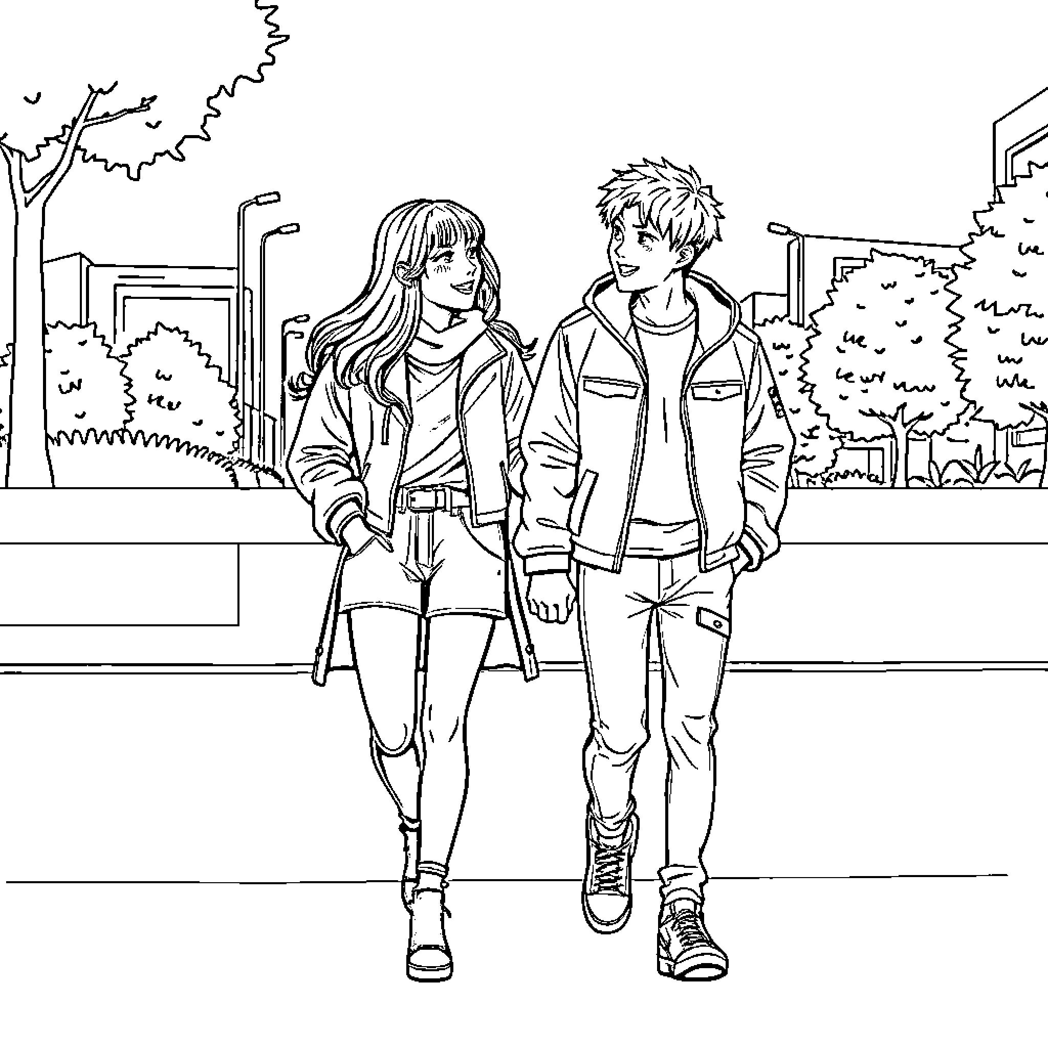 Mira's Stroll through the City with Companion Coloring Page (free black-and-white line drawing printable PDF for all, from beginners to advanced learners, including children, teens, adults, and seniors)