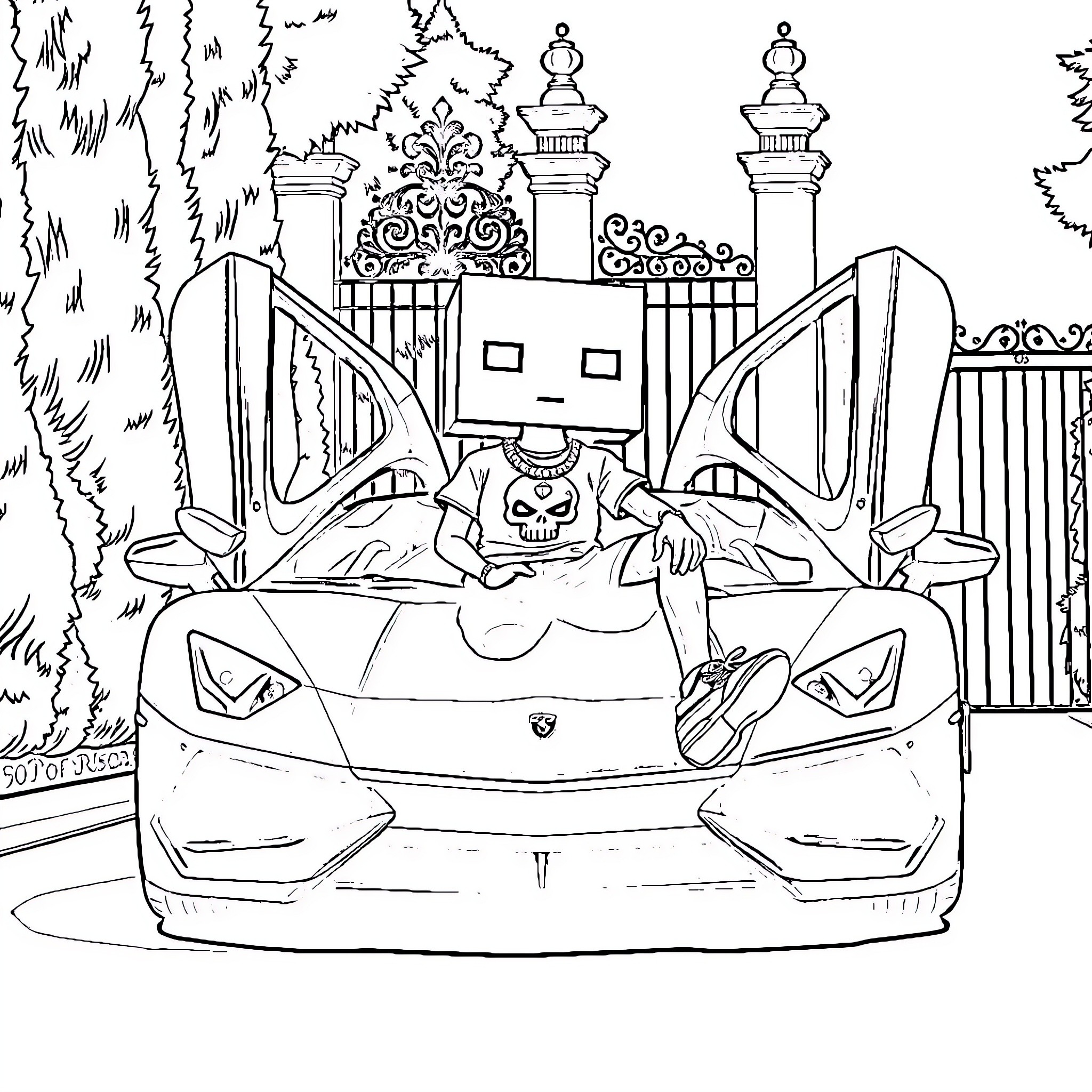 Cartoon Character in Luxury Sports Car at Palace Gates Coloring Page (free black-and-white line drawing printable PDF for all, from beginners to advanced learners, including children, teens, adults, and seniors)