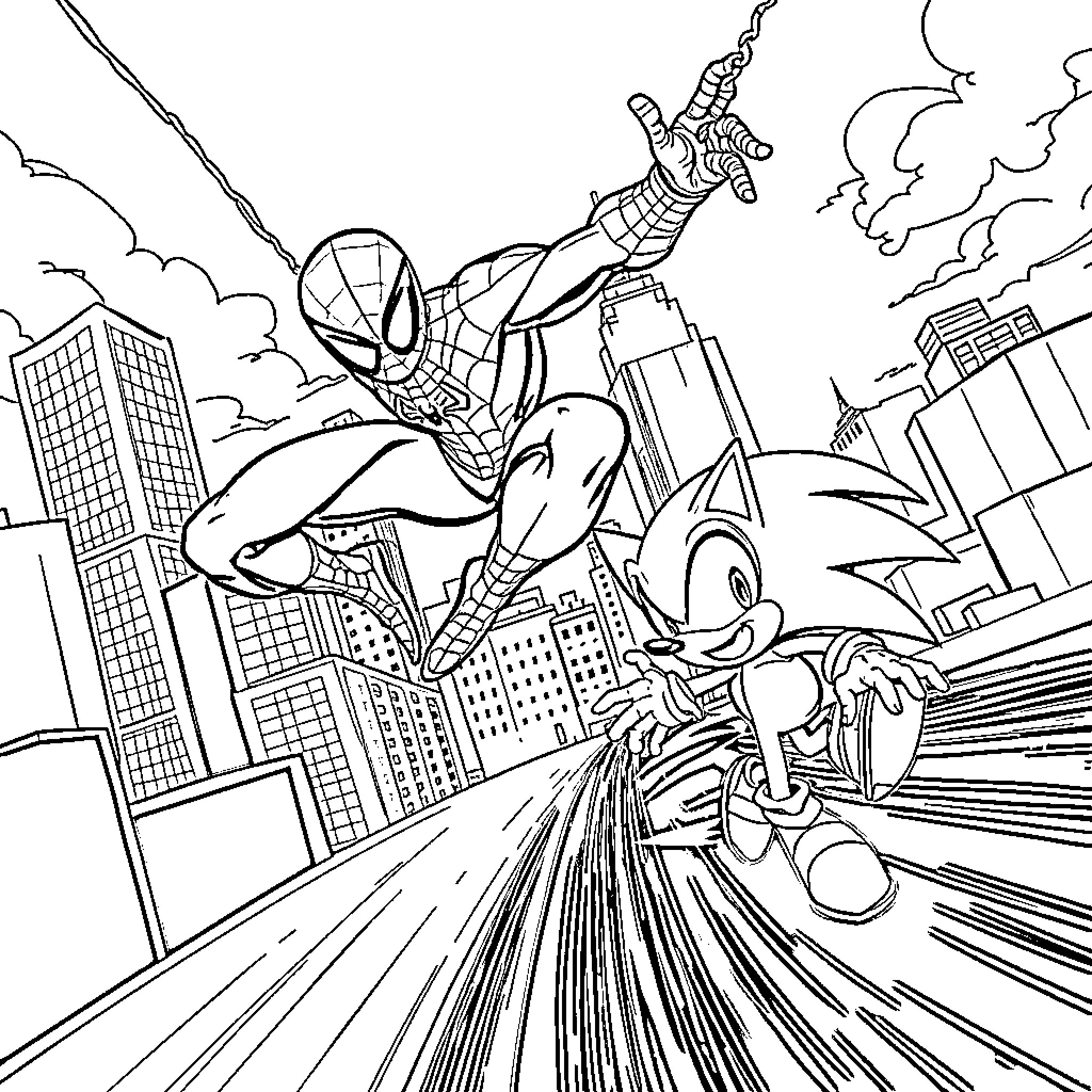 Spiderman swinging through the city with Sonic Coloring Page (free black-and-white line drawing printable PDF for all, from beginners to advanced learners, including children, teens, adults, and seniors)