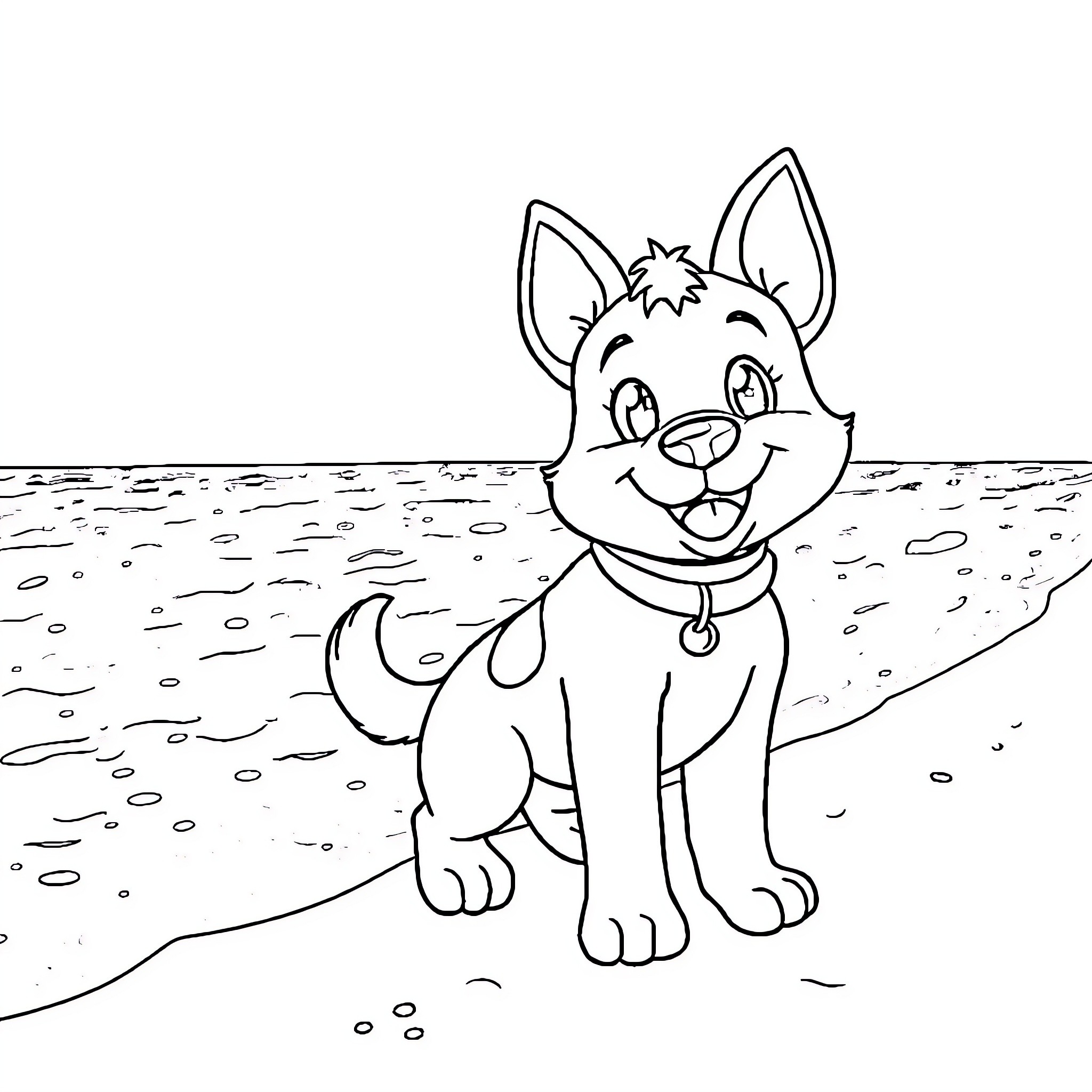 Blui the Playful Pup on the Beach Coloring Page (free black-and-white line drawing printable PDF for all, from beginners to advanced learners, including children, teens, adults, and seniors)