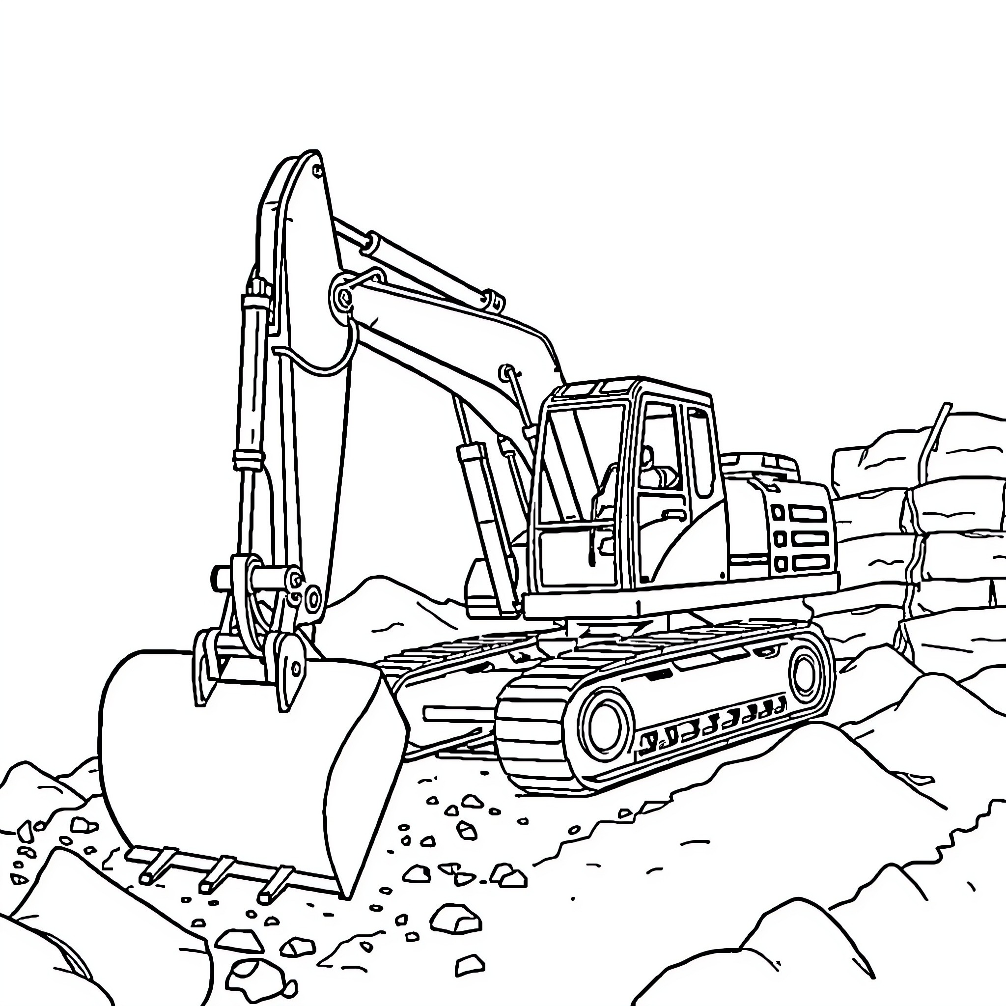 Excavator operating in a construction site Coloring Page (free black-and-white line drawing printable PDF for all, from beginners to advanced learners, including children, teens, adults, and seniors)