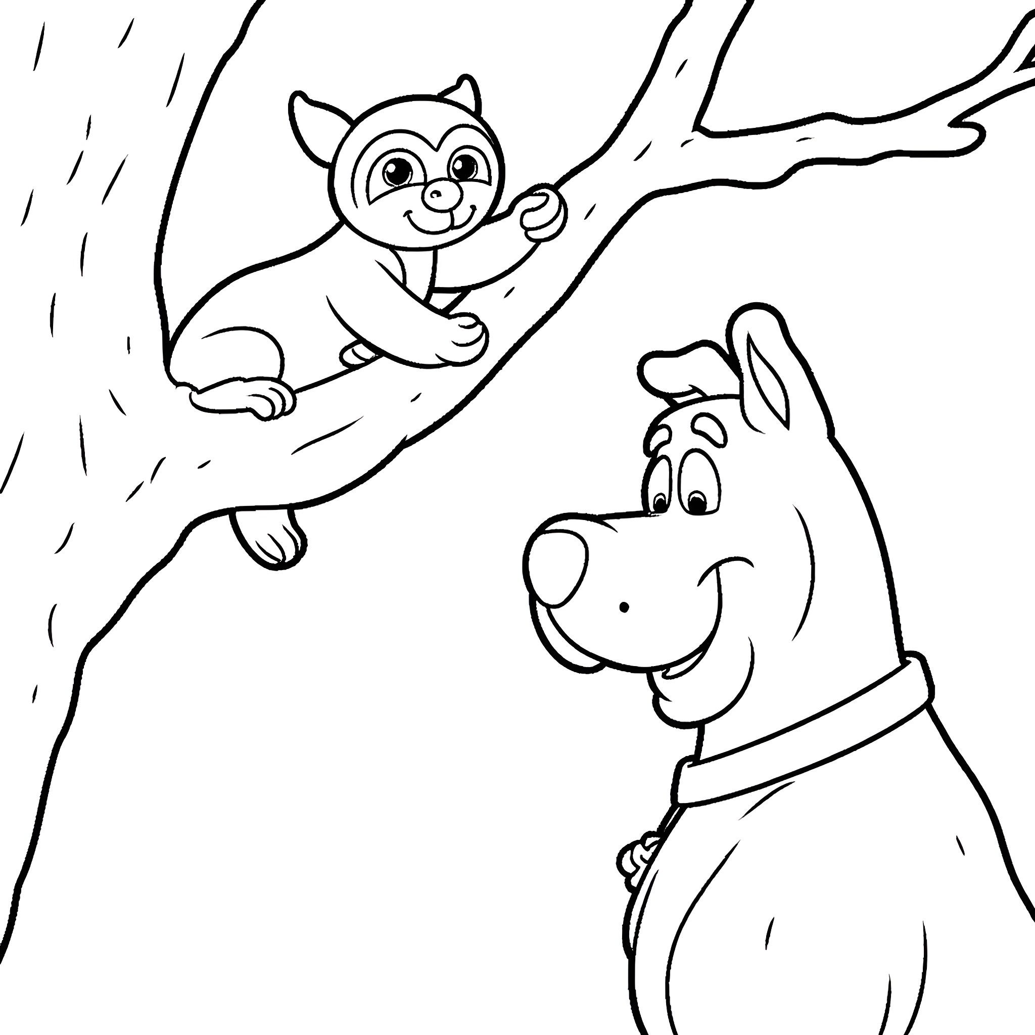 Sloth resting playfully in tree with friendly dog Coloring Page (free black-and-white line drawing printable PDF for all, from beginners to advanced learners, including children, teens, adults, and seniors)