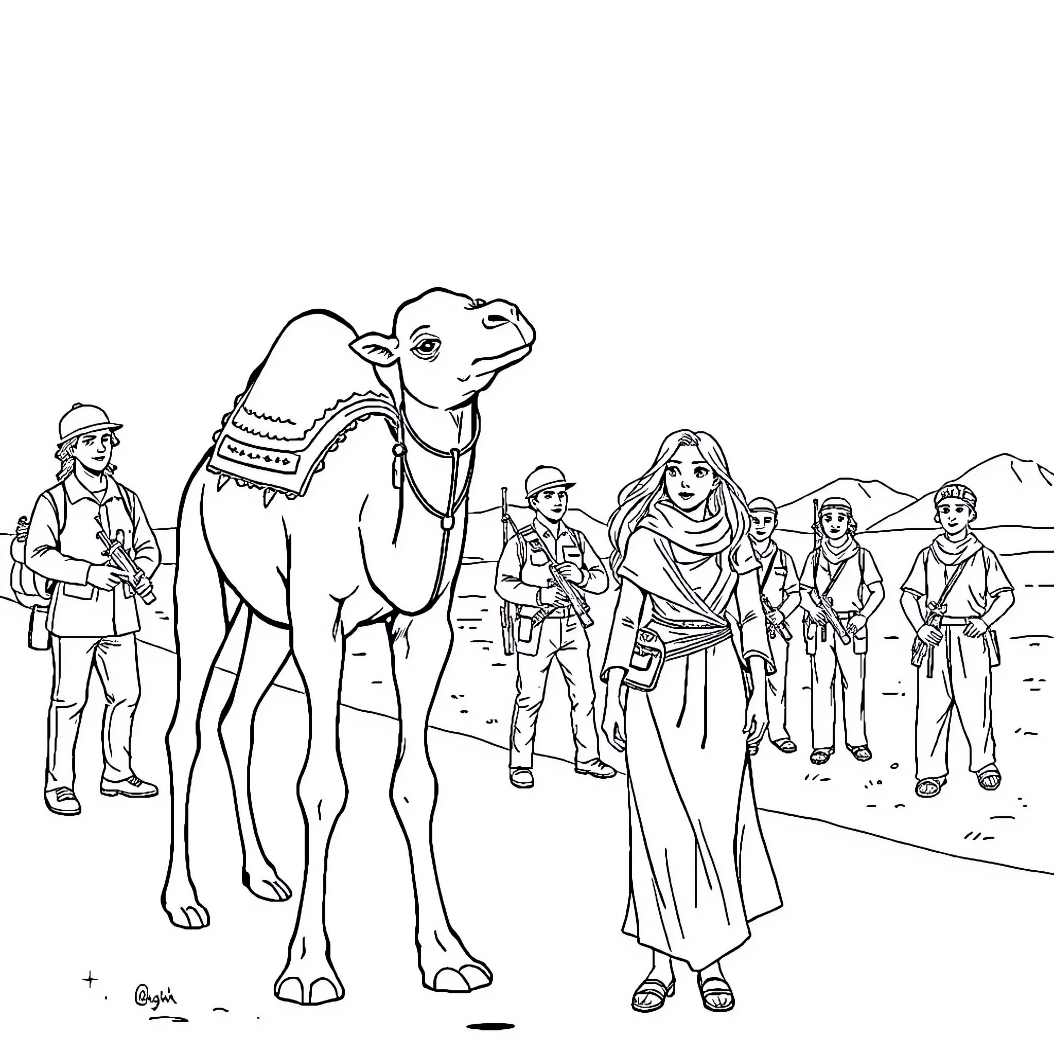 Camel with travelers exploring desert landscape Coloring Page (free black-and-white line drawing printable PDF for all, from beginners to advanced learners, including children, teens, adults, and seniors)