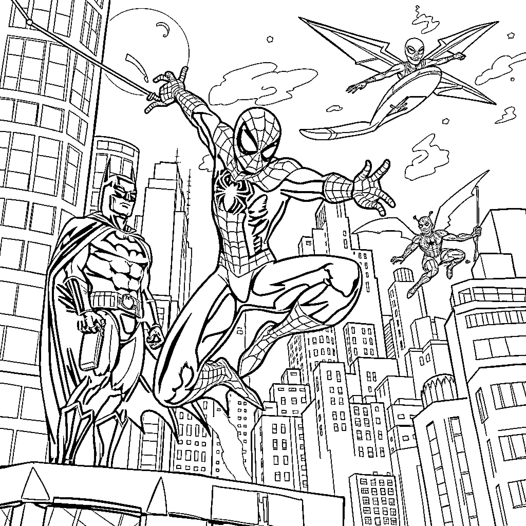 Superheroes in action on the city streets Coloring Page (free black-and-white line drawing printable PDF for all, from beginners to advanced learners, including children, teens, adults, and seniors)