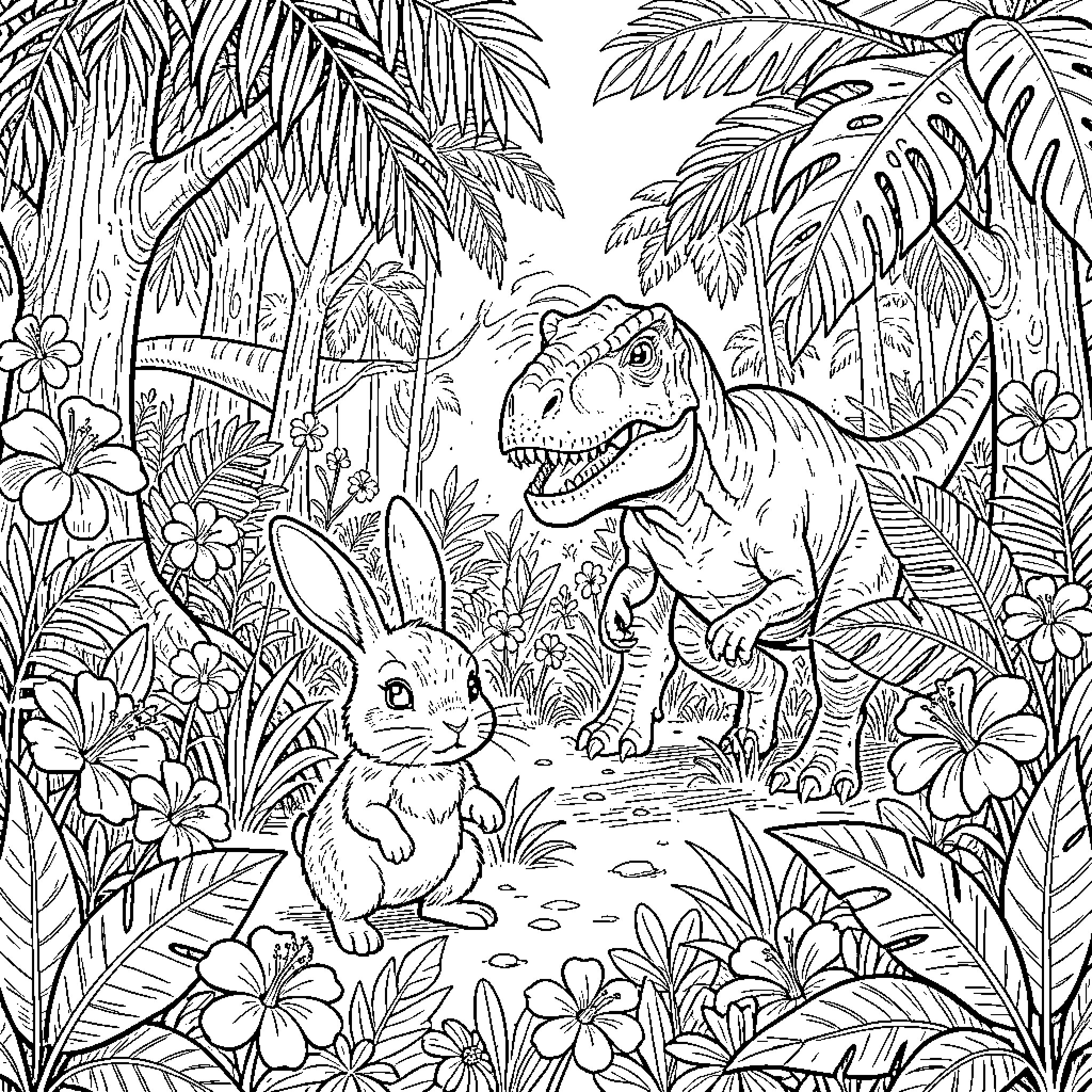 Rabbit and Dinosaur in Tropical Jungle Scene Coloring Page (free black-and-white line drawing printable PDF for all, from beginners to advanced learners, including children, teens, adults, and seniors)