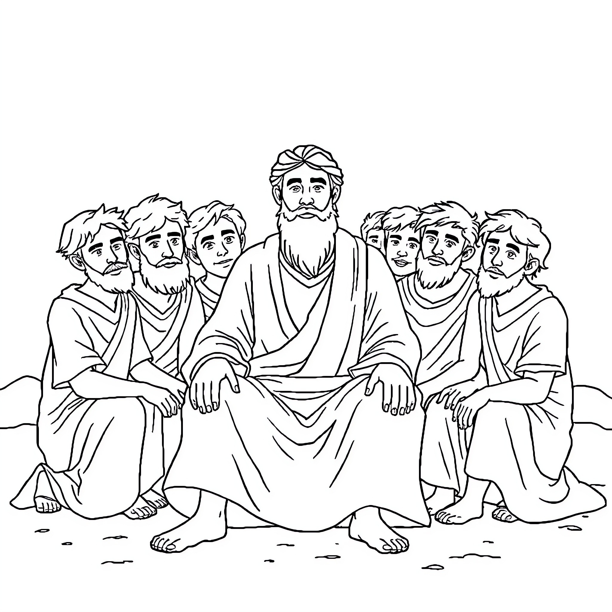 Israel's Disciples in Contemplative Gathering Coloring Page (free black-and-white line drawing printable PDF for all, from beginners to advanced learners, including children, teens, adults, and seniors)