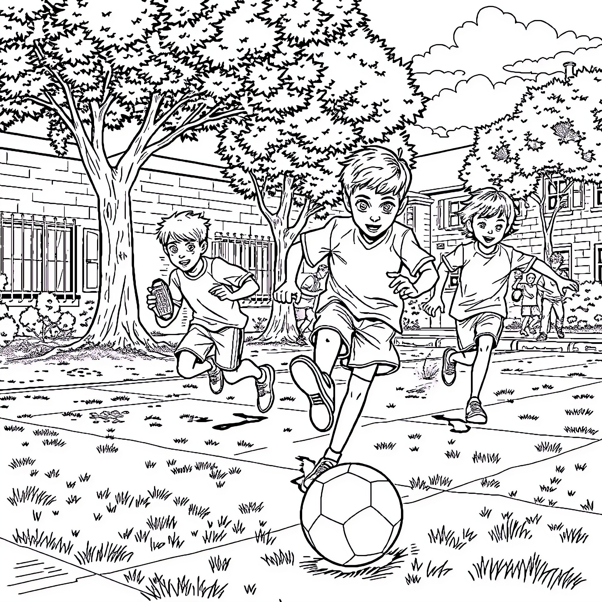 Boys playing joyfully with soccer ball in the park Coloring Page (free black-and-white line drawing printable PDF for all, from beginners to advanced learners, including children, teens, adults, and seniors)