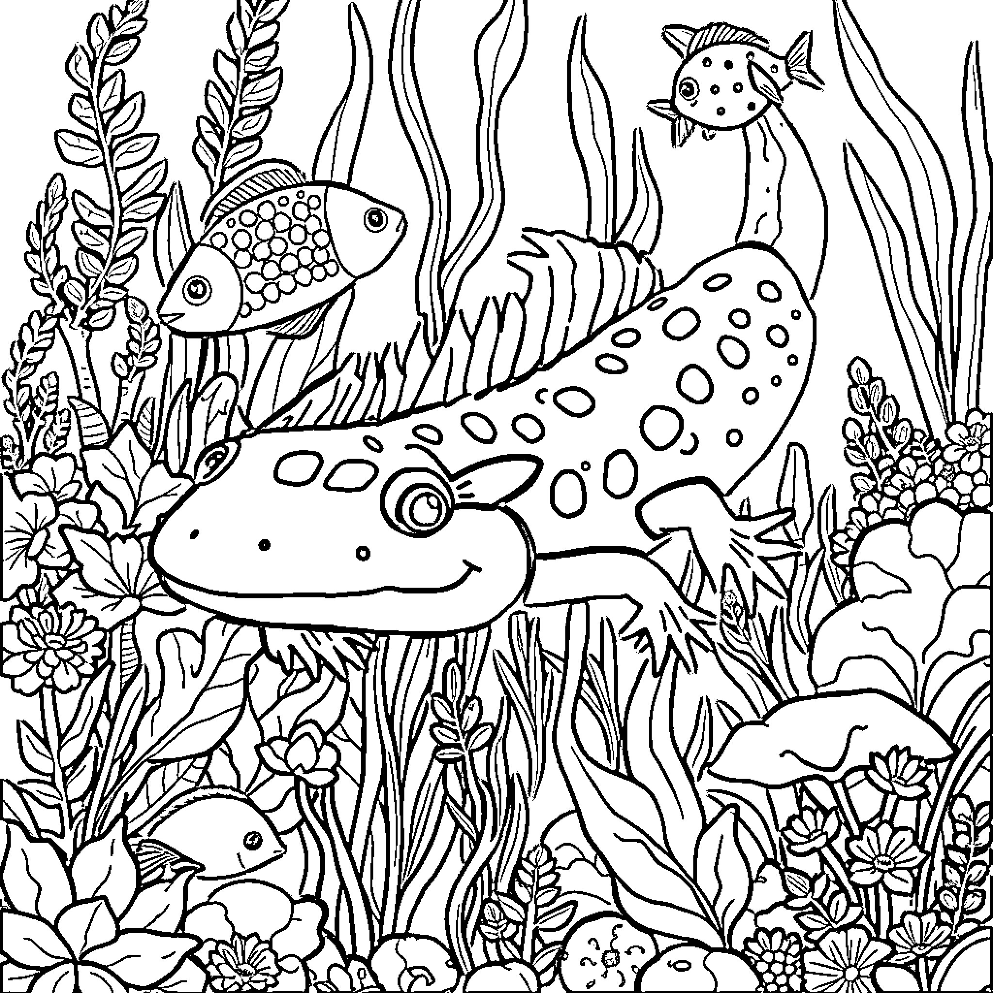 Axolotl surrounded by underwater flora and fauna Coloring Page (free black-and-white line drawing printable PDF for all, from beginners to advanced learners, including children, teens, adults, and seniors)