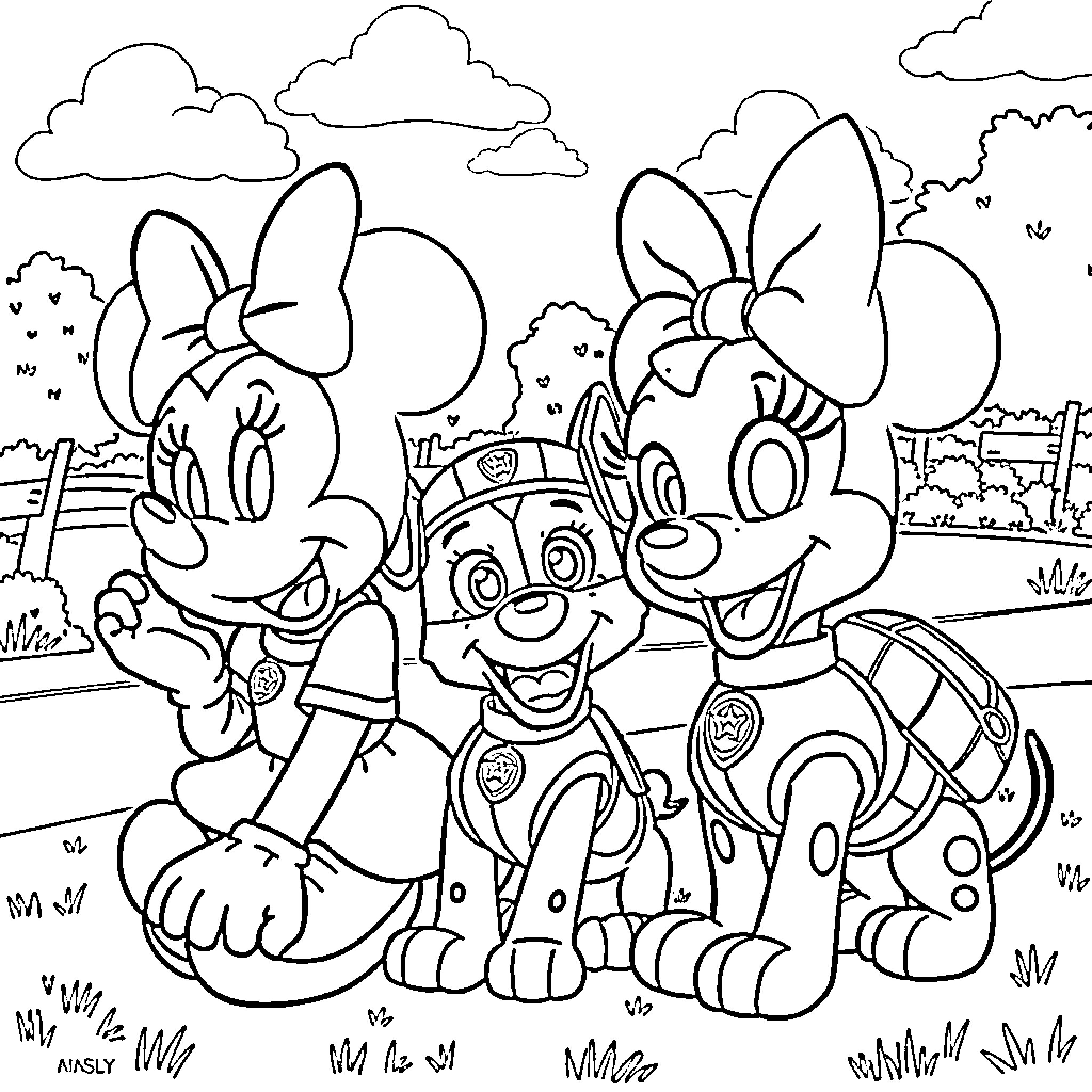 Minnie Mouse and friends explore the outdoors Coloring Page (free black-and-white line drawing printable PDF for all, from beginners to advanced learners, including children, teens, adults, and seniors)