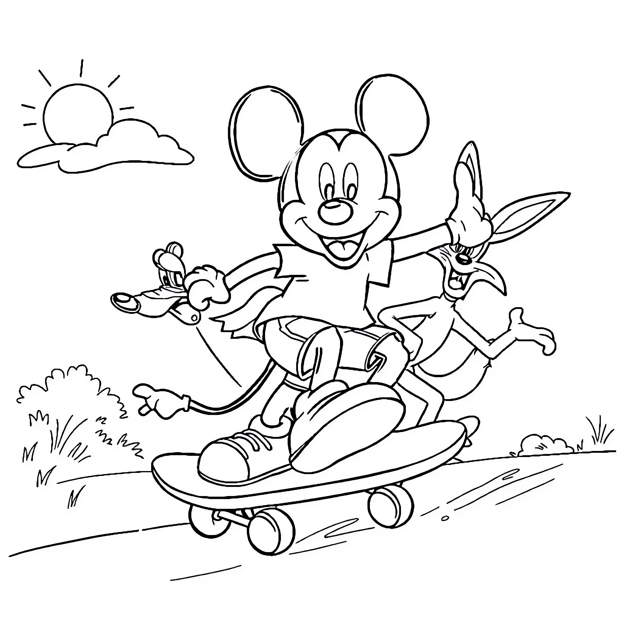 Mickey Mouse skateboarding with friends in nature Coloring Page (free black-and-white line drawing printable PDF for all, from beginners to advanced learners, including children, teens, adults, and seniors)