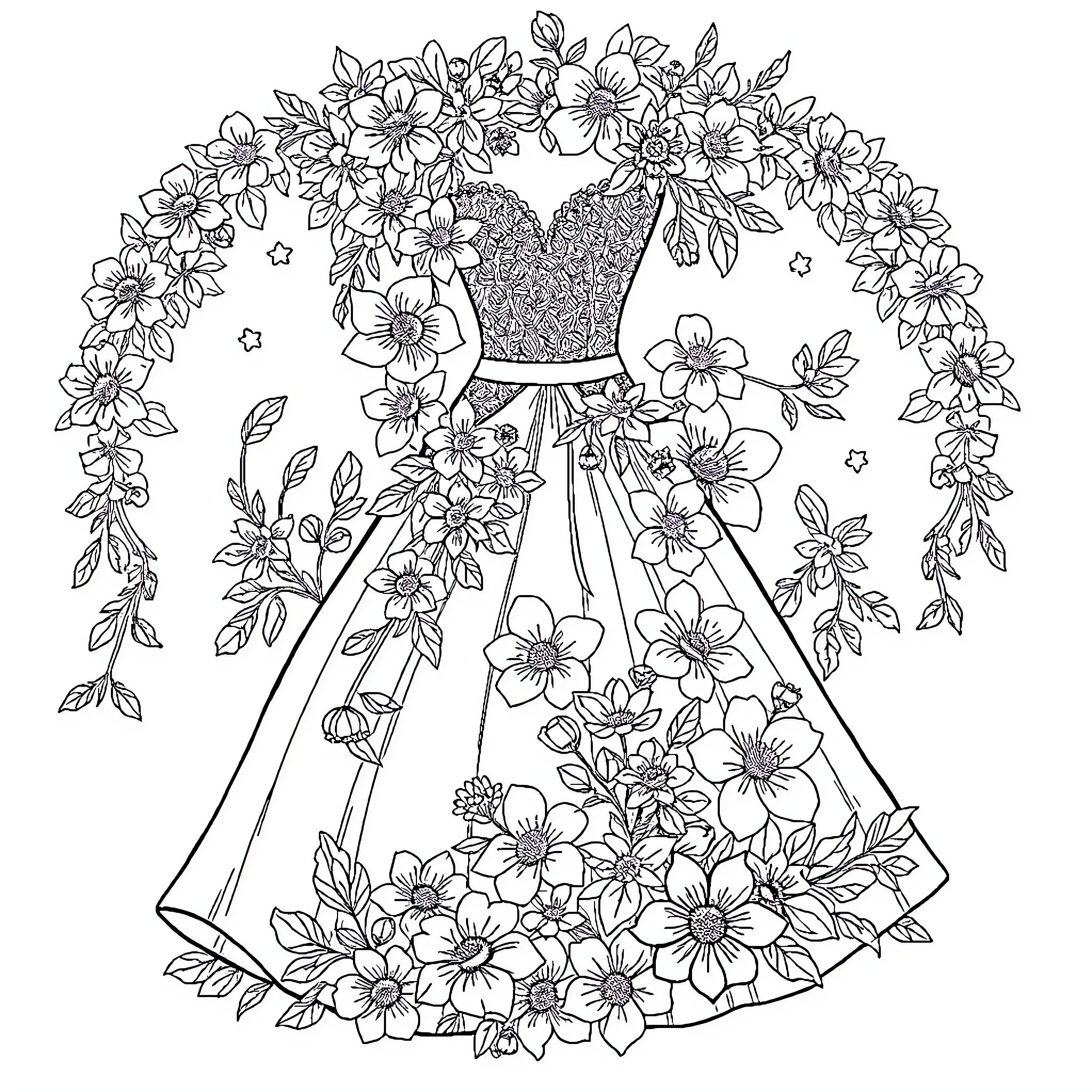 Wedding Dress with Floral Wreath and Detailed Pattern Coloring Page (free black-and-white line drawing printable PDF for all, from beginners to advanced learners, including children, teens, adults, and seniors)