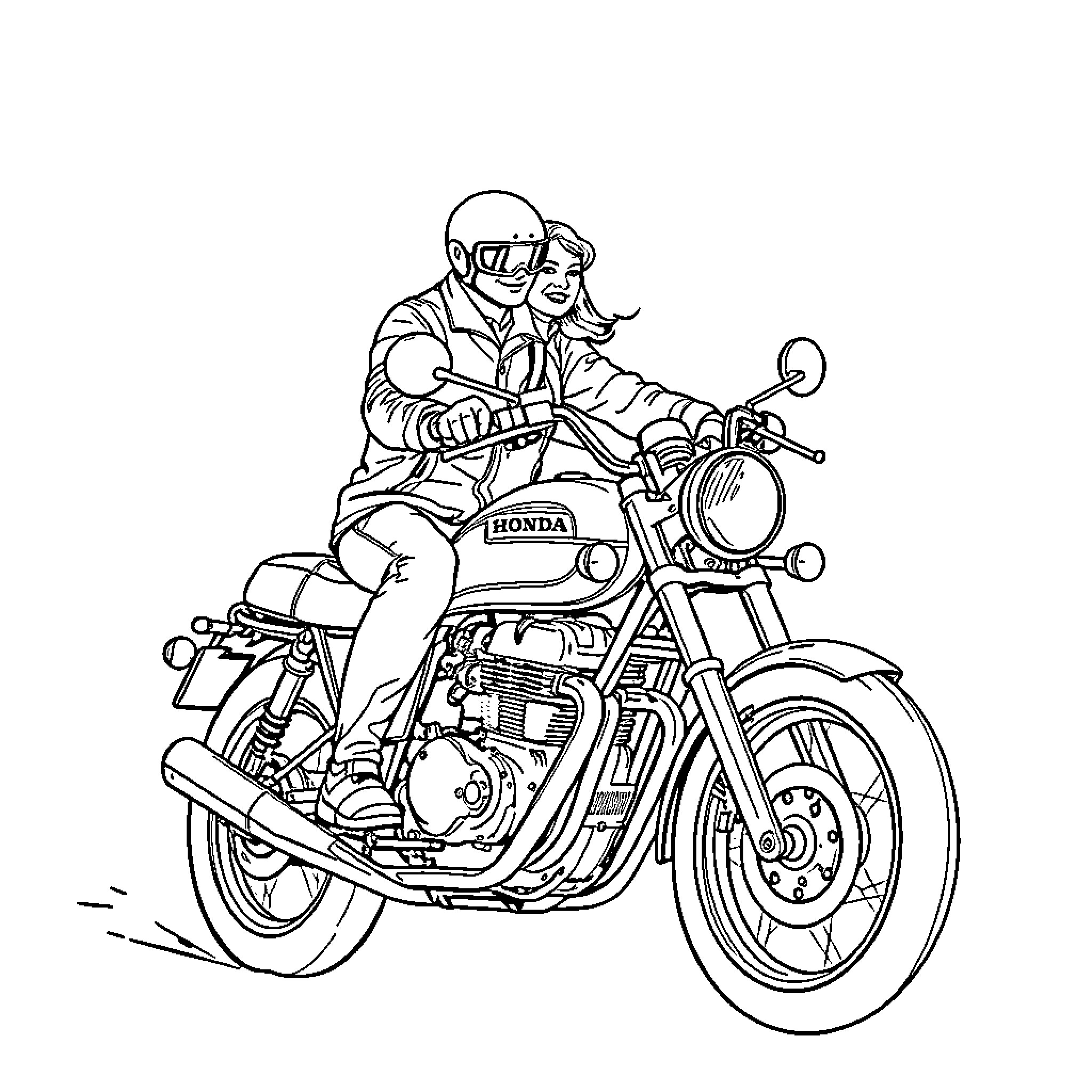 Couple riding motorcycle together in action Coloring Page (free black-and-white line drawing printable PDF for all, from beginners to advanced learners, including children, teens, adults, and seniors)