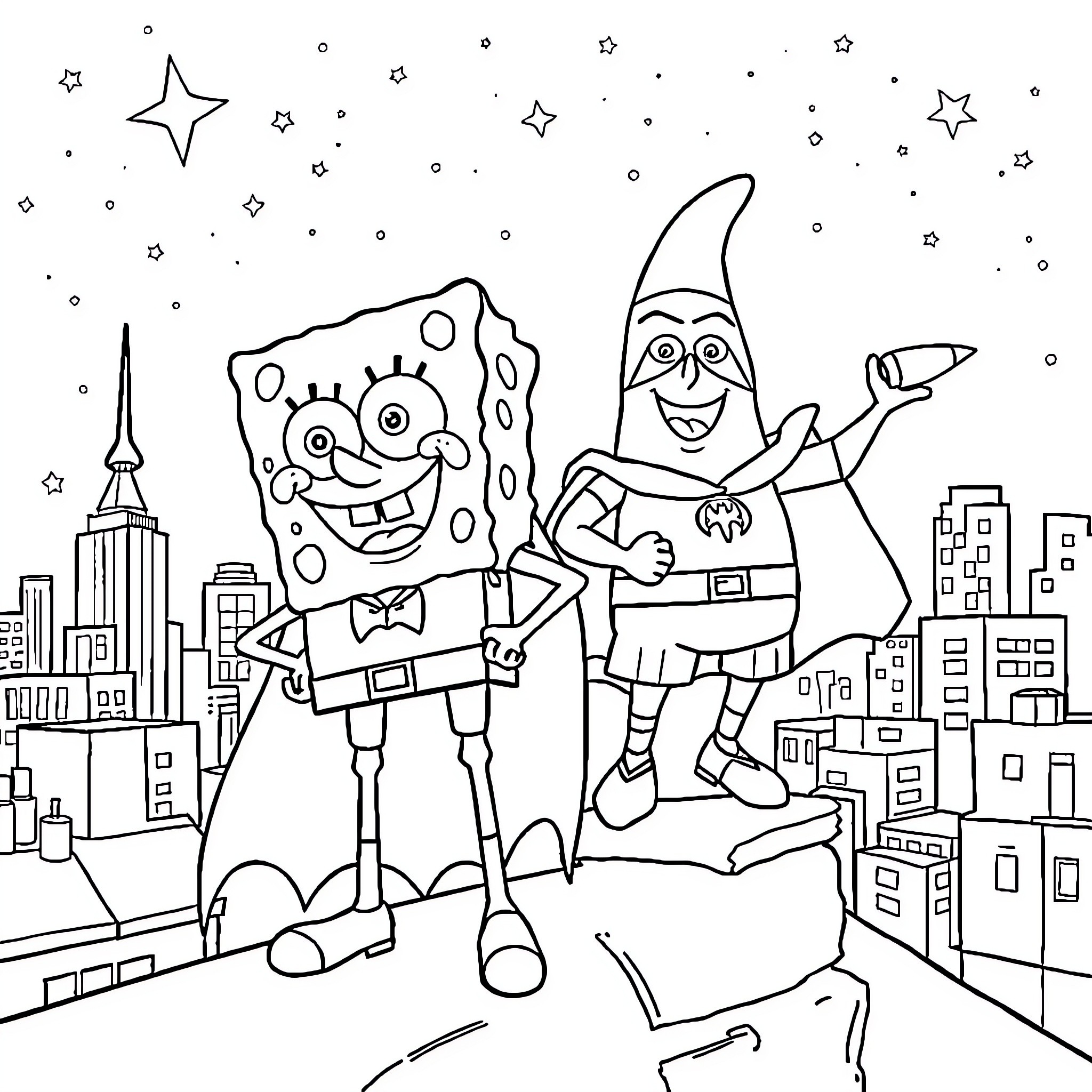 Spongebob and Patrick in superhero outfits exploring the city Coloring Page (free black-and-white line drawing printable PDF for all, from beginners to advanced learners, including children, teens, adults, and seniors)