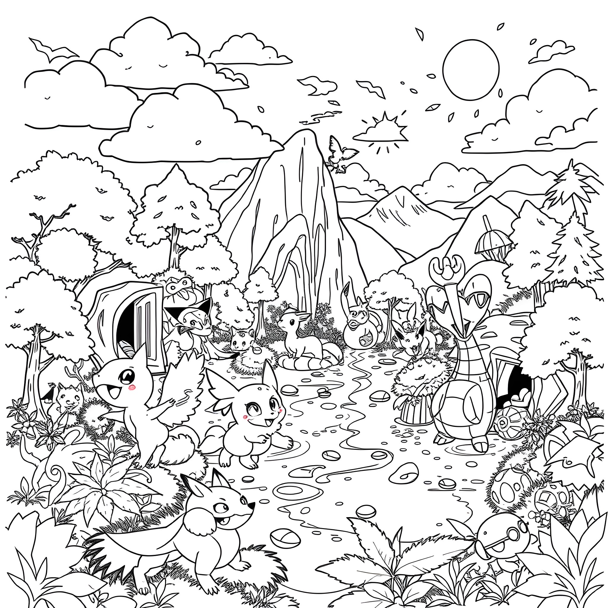 Pokémon exploring a vibrant natural landscape Coloring Page (free black-and-white line drawing printable PDF for all, from beginners to advanced learners, including children, teens, adults, and seniors)
