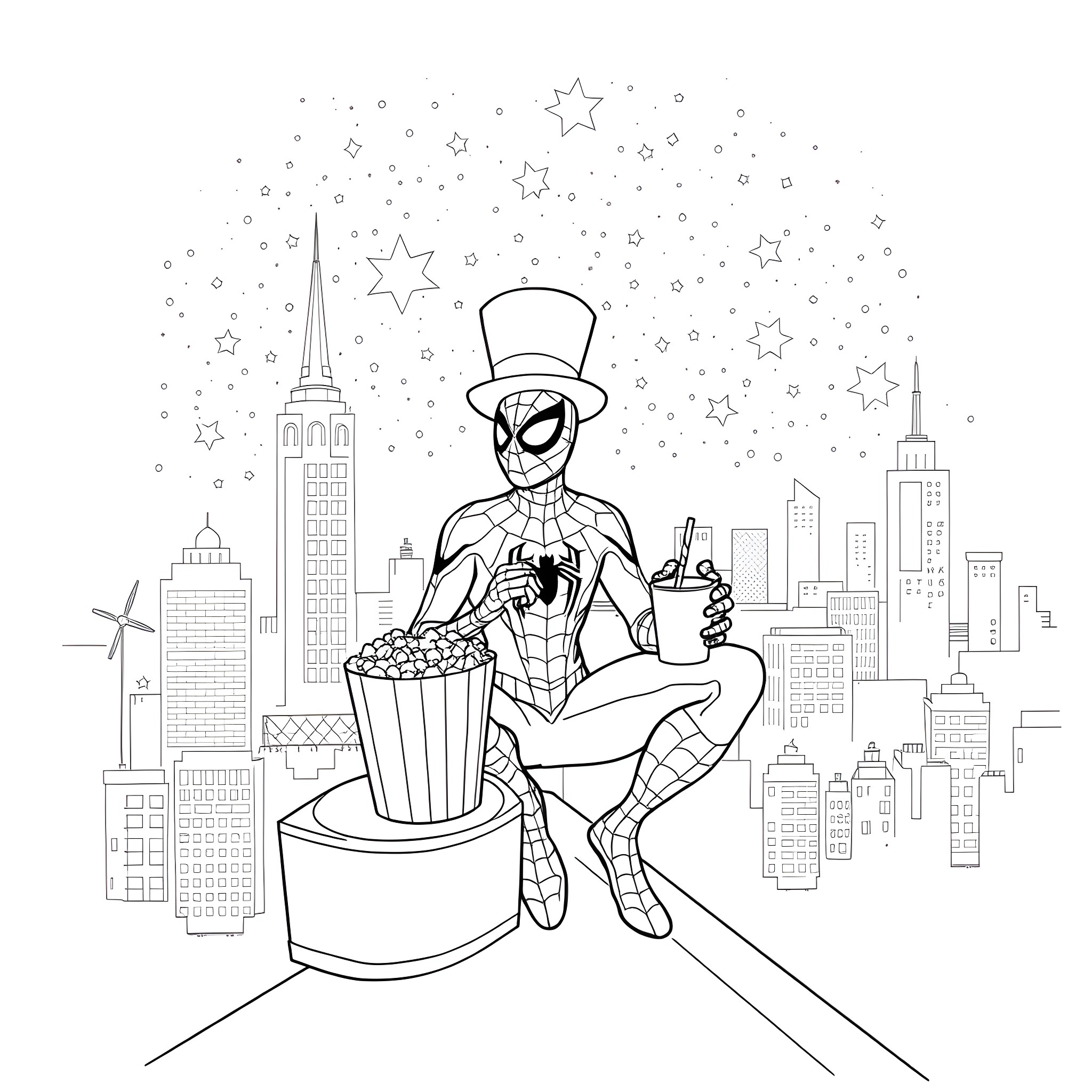 Spiderman enjoying a night out on the town Coloring Page (free black-and-white line drawing printable PDF for all, from beginners to advanced learners, including children, teens, adults, and seniors)