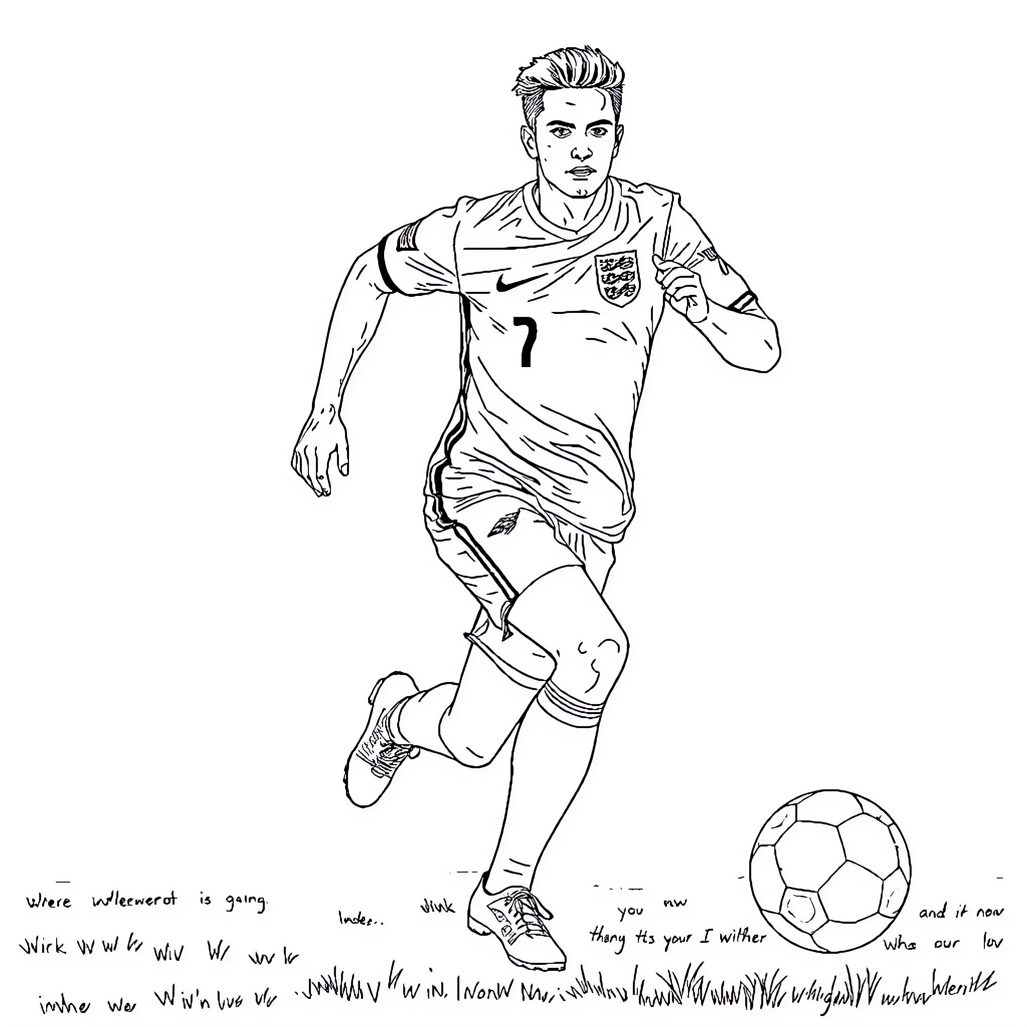 Jordan Clarke playing soccer in the field Coloring Page (free black-and-white line drawing printable PDF for all, from beginners to advanced learners, including children, teens, adults, and seniors)