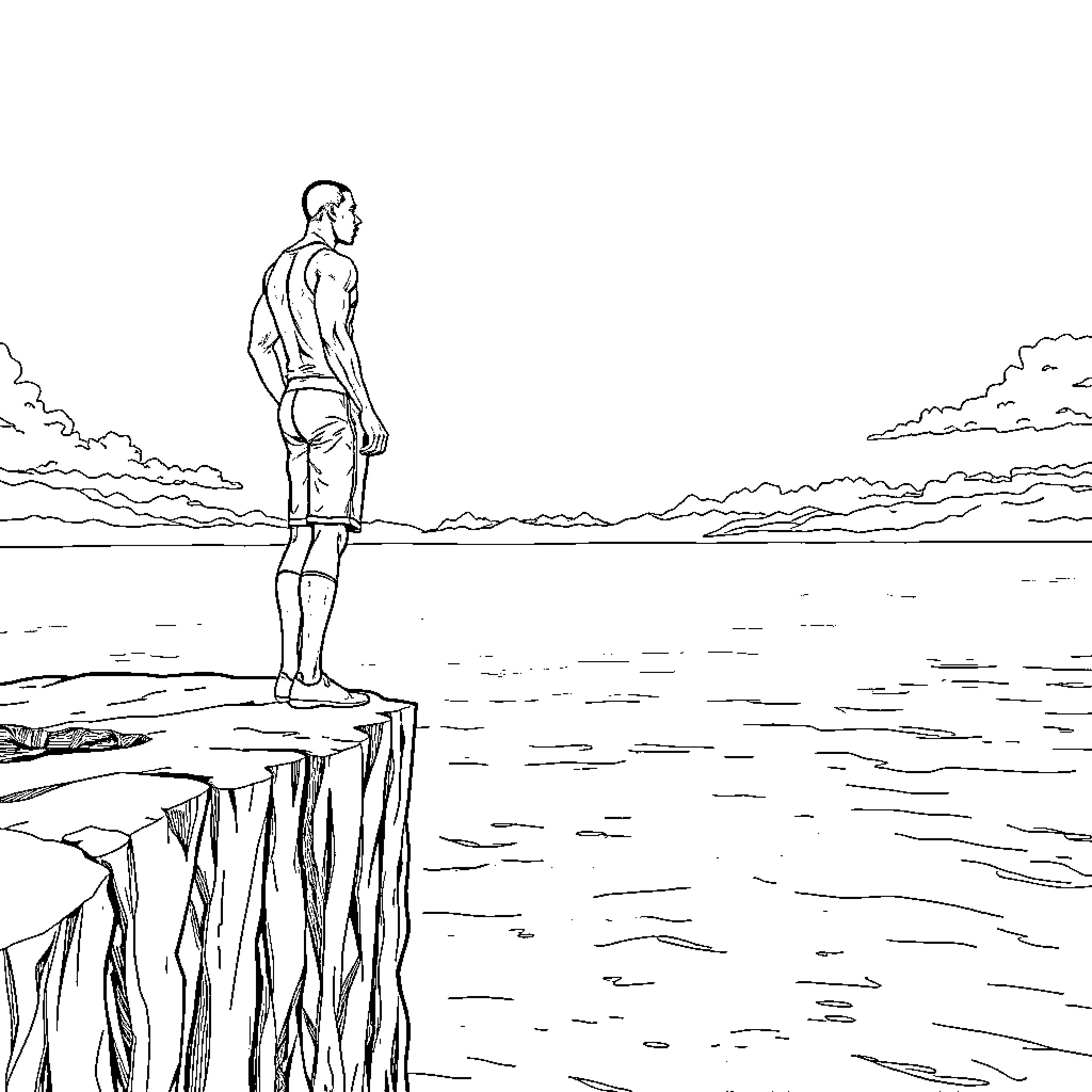 Michael B Jordan contemplates solitude by the shore Coloring Page (free black-and-white line drawing printable PDF for all, from beginners to advanced learners, including children, teens, adults, and seniors)