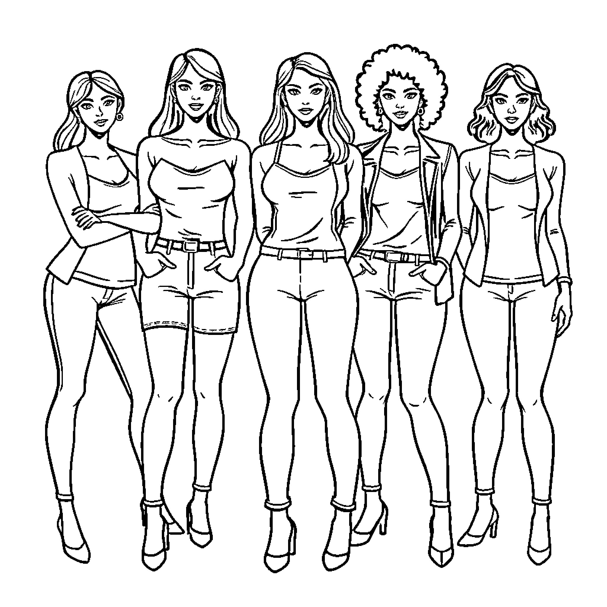 Women posing together with fashionable outfits Coloring Page (free black-and-white line drawing printable PDF for all, from beginners to advanced learners, including children, teens, adults, and seniors)