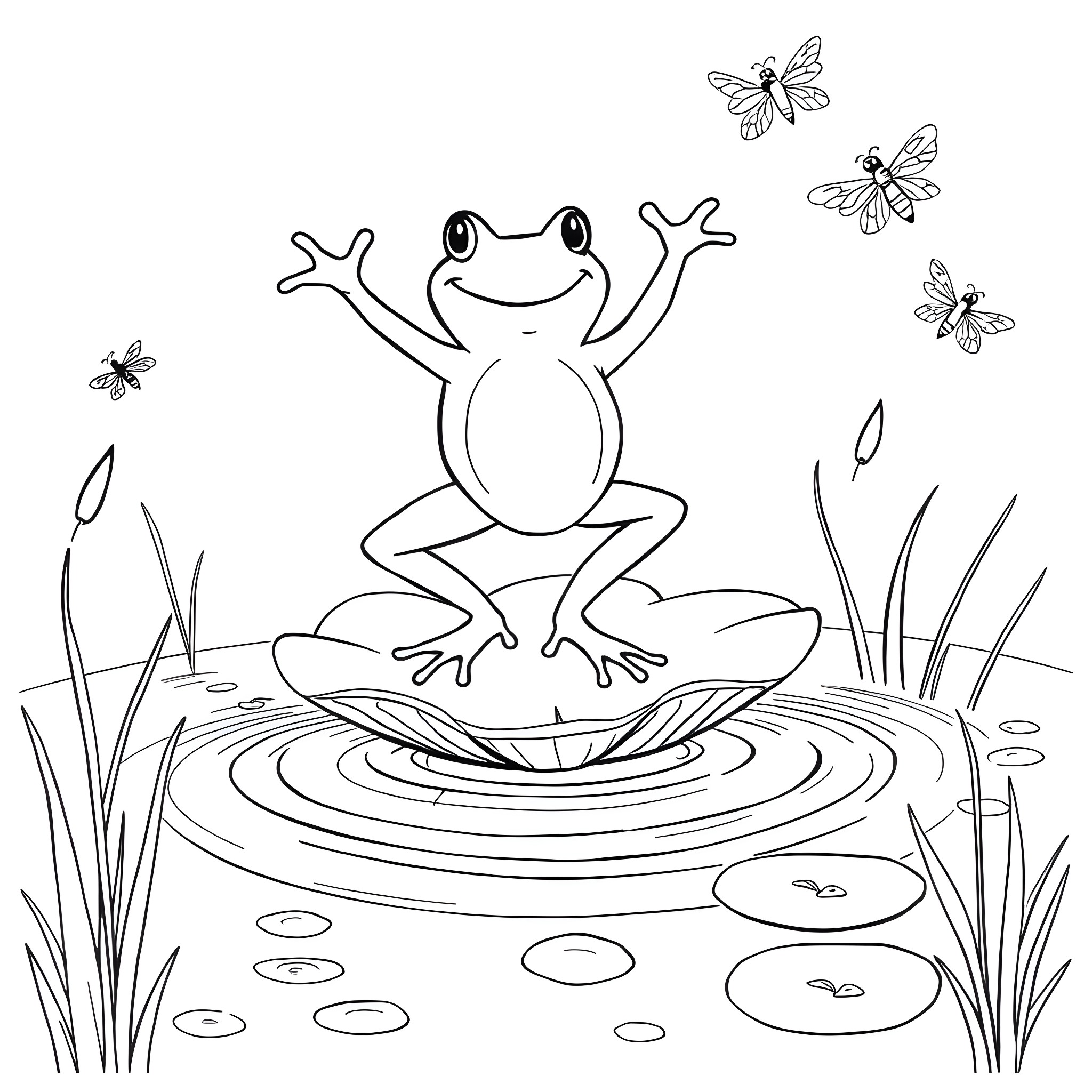 Frog Jumping Joyfully Amidst Butterflies and Nature Coloring Page (free black-and-white line drawing printable PDF for all, from beginners to advanced learners, including children, teens, adults, and seniors)