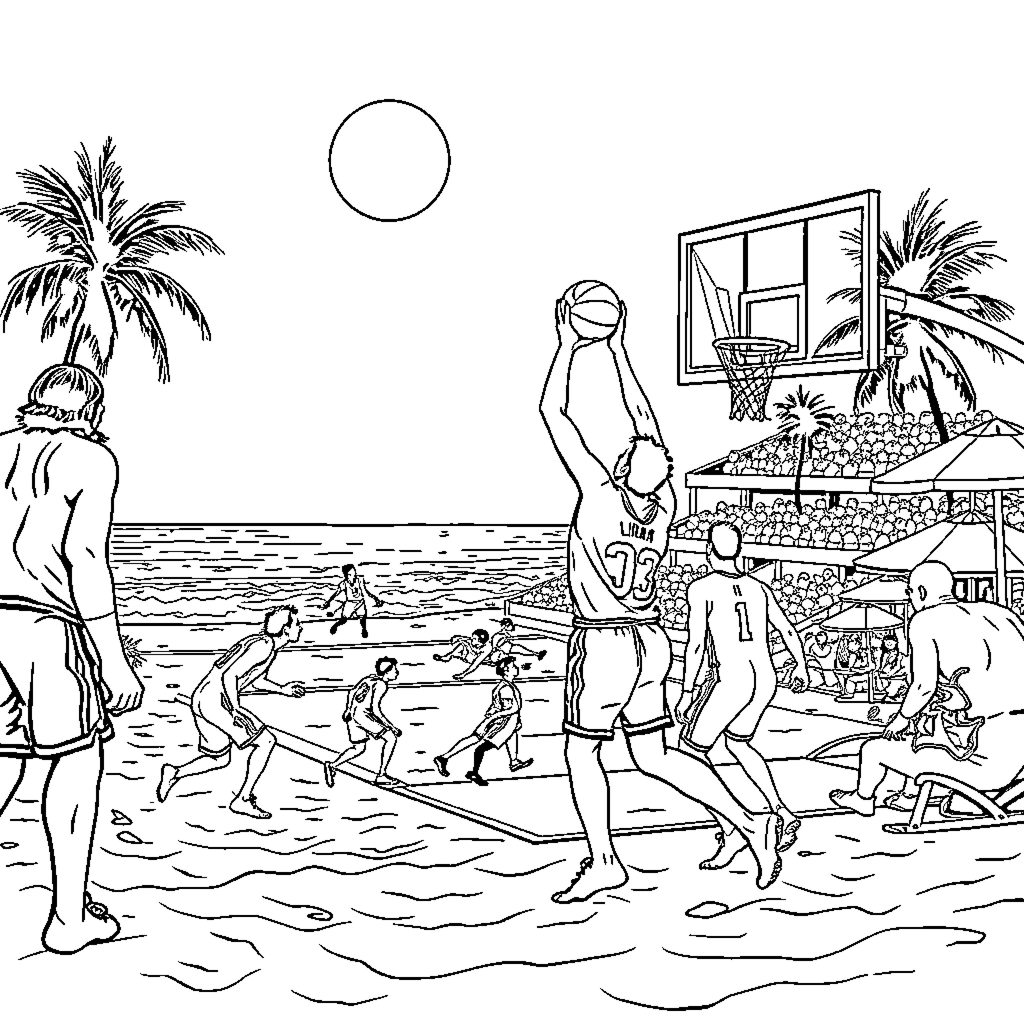 NBA Players Enjoying Beach Basketball Game Coloring Page (free black-and-white line drawing printable PDF for all, from beginners to advanced learners, including children, teens, adults, and seniors)