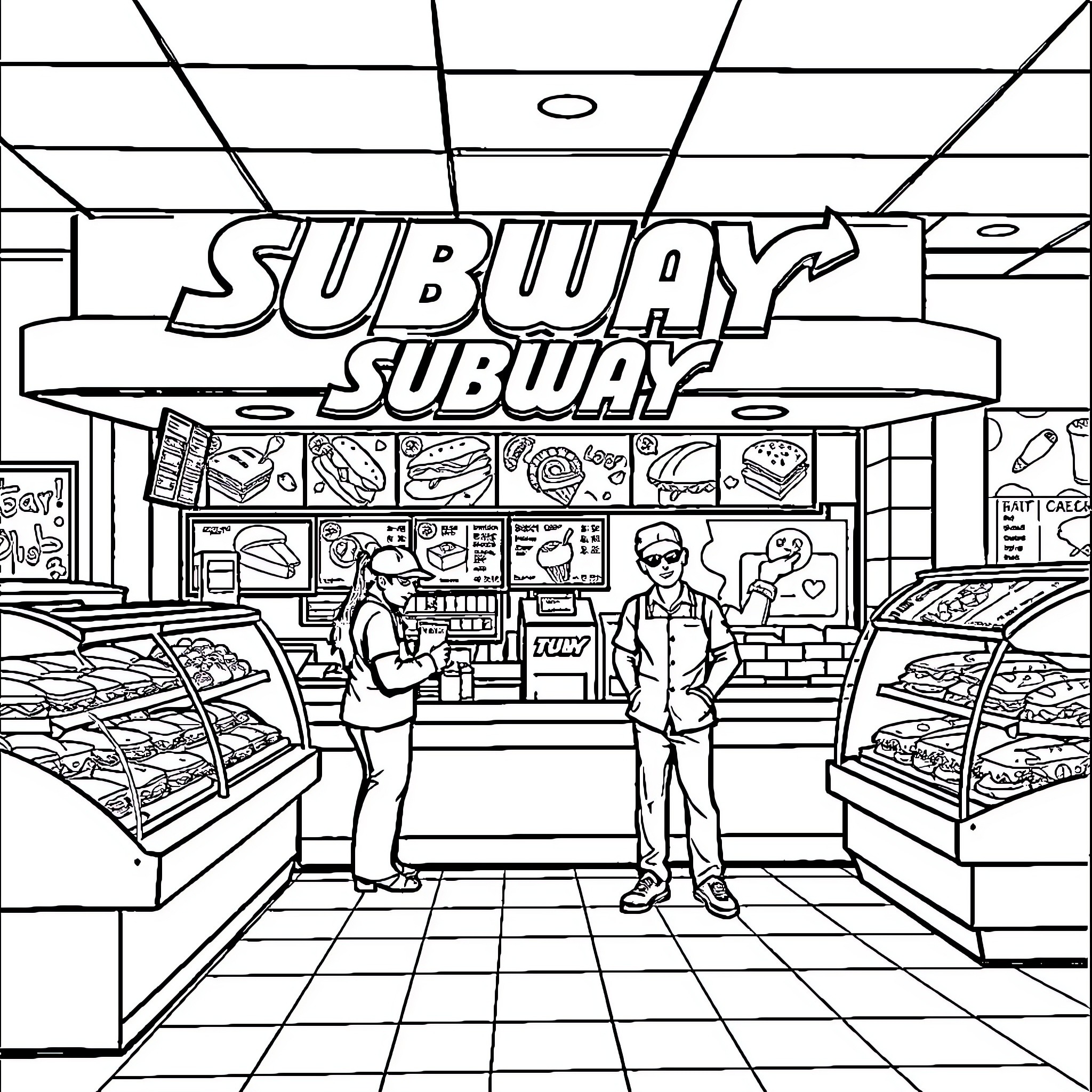 Subway Sandwich Shop Interior with Customers Coloring Page (free black-and-white line drawing printable PDF for all, from beginners to advanced learners, including children, teens, adults, and seniors)