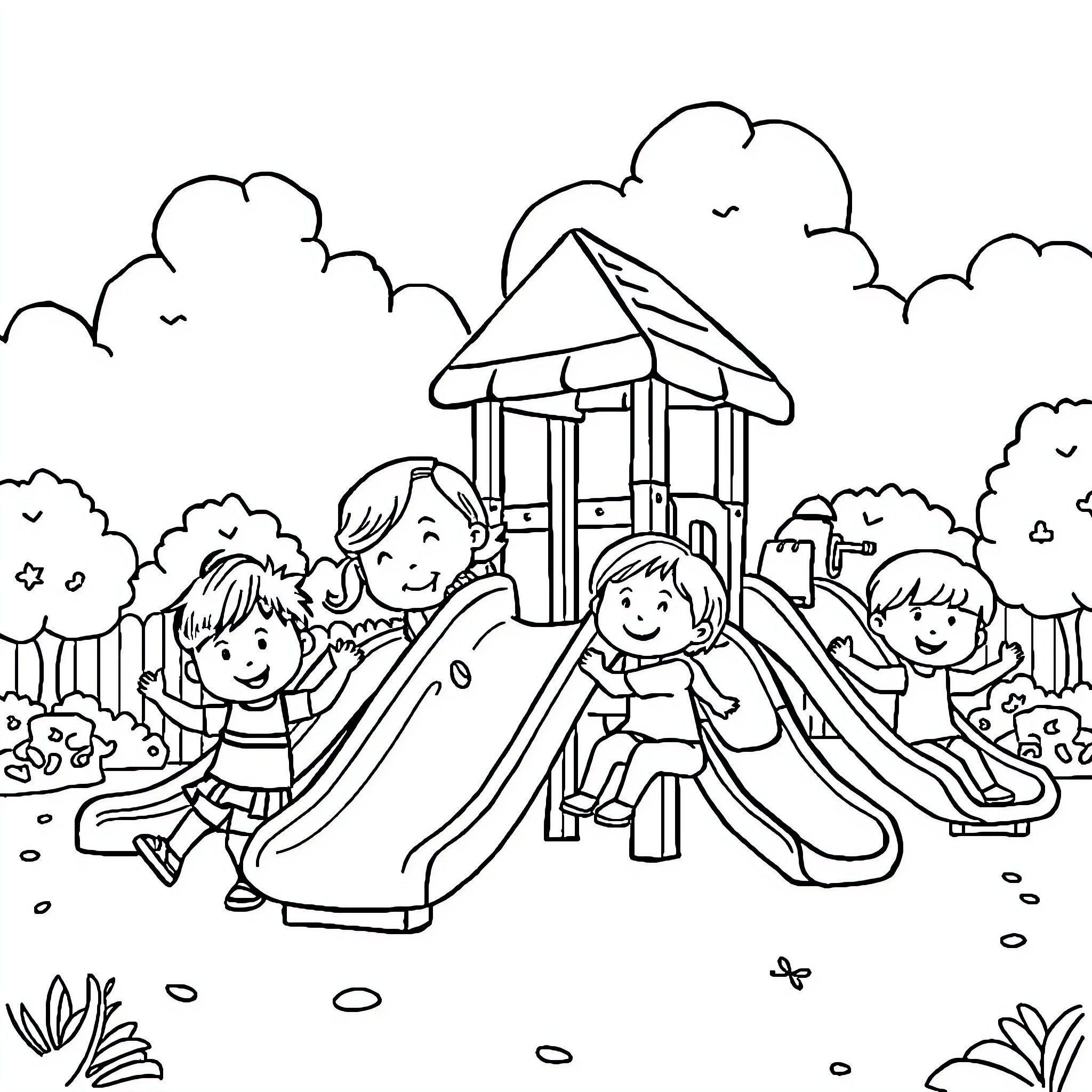 Preschoolers playing joyfully on playground equipment Coloring Page (free black-and-white line drawing printable PDF for all, from beginners to advanced learners, including children, teens, adults, and seniors)