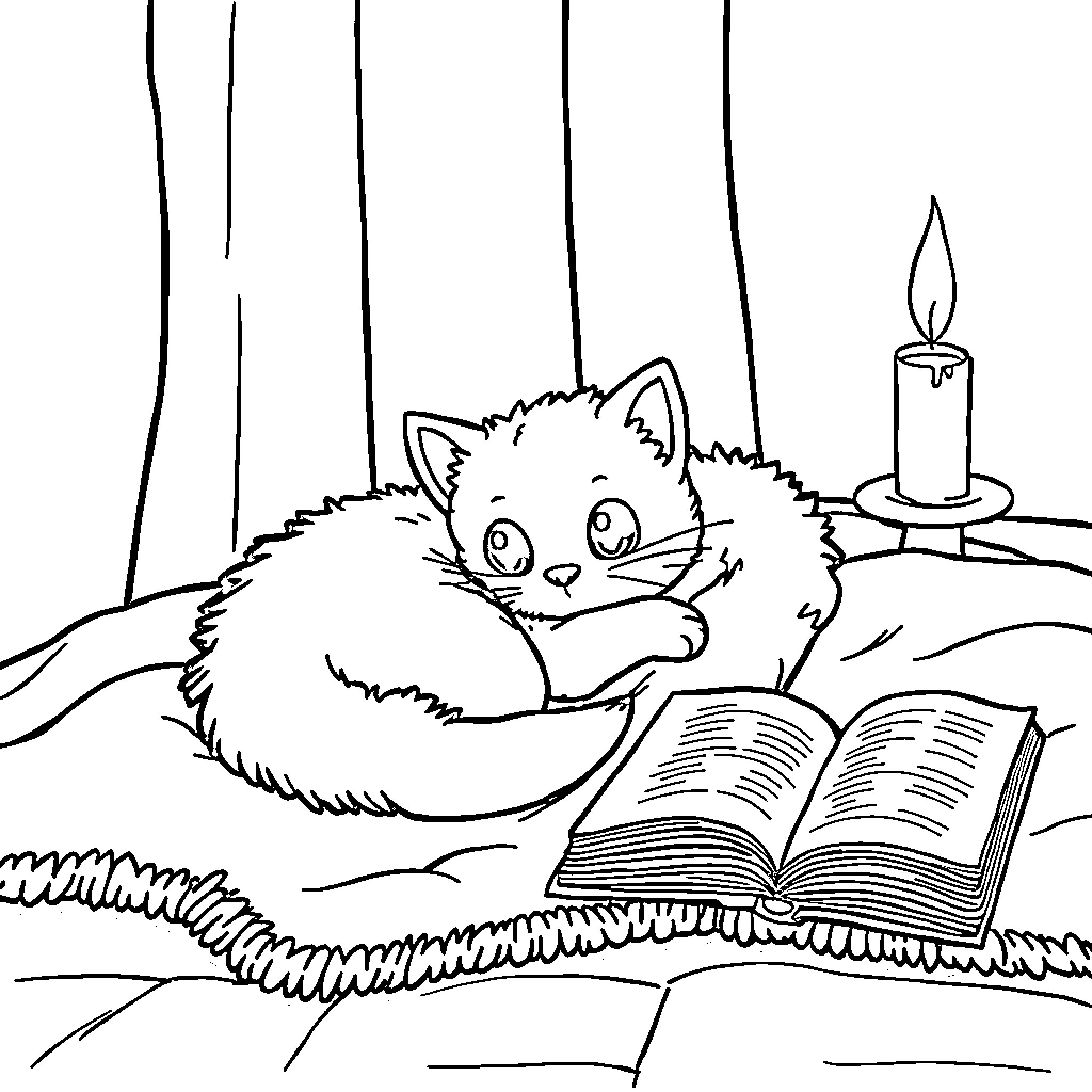 Cat reading a book by candlelight Coloring Page (free black-and-white line drawing printable PDF for all, from beginners to advanced learners, including children, teens, adults, and seniors)