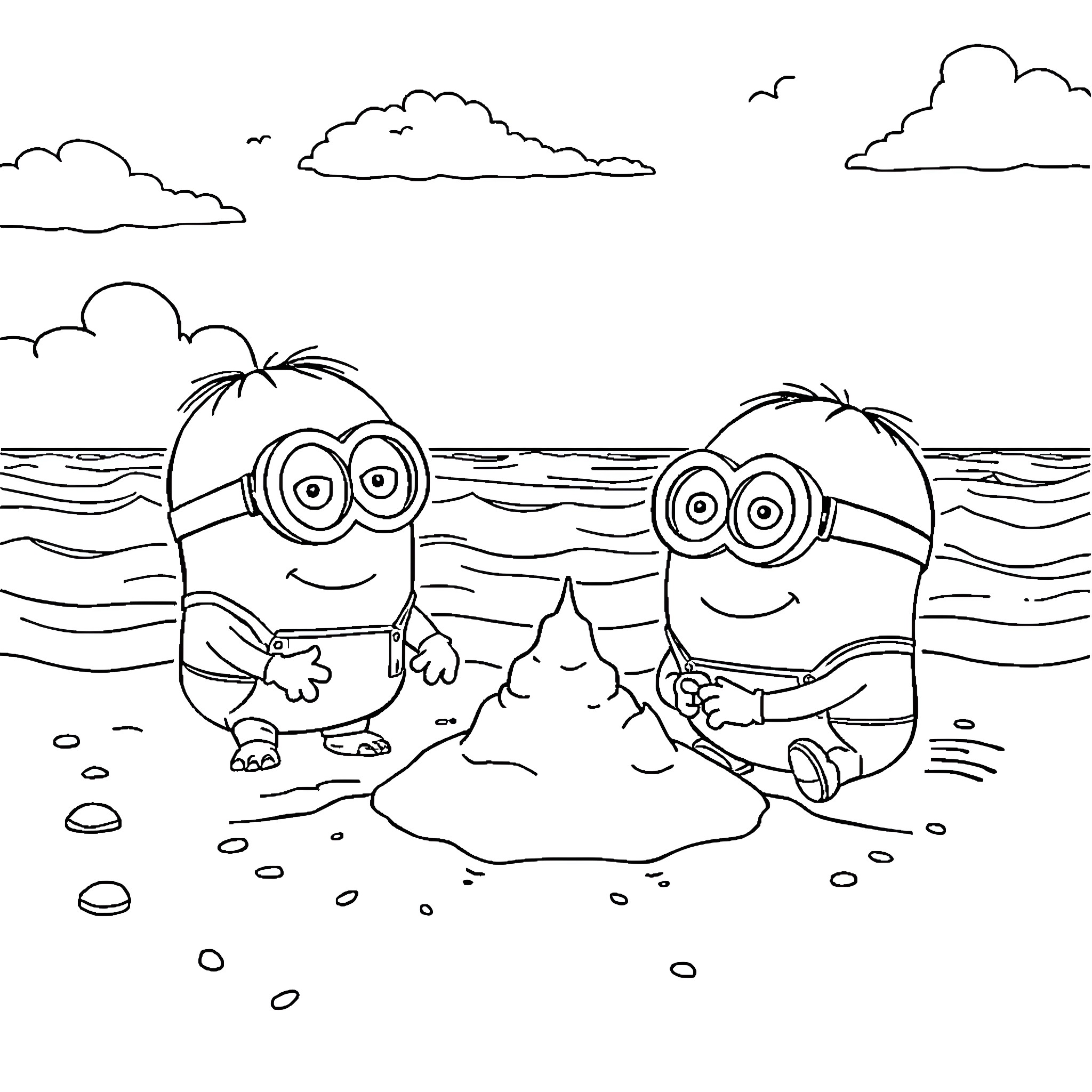 Minions relaxing on the beach Coloring Page (free black-and-white line drawing printable PDF for all, from beginners to advanced learners, including children, teens, adults, and seniors)