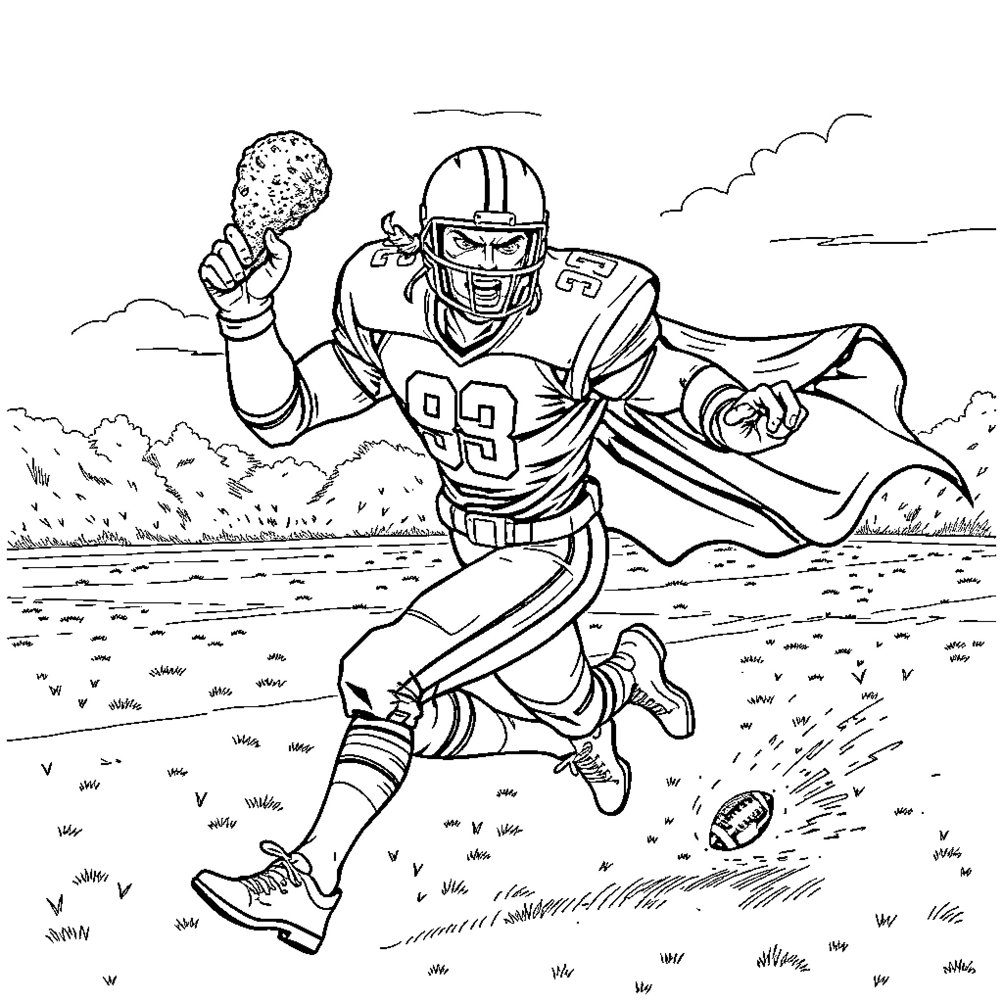 Blade of the Gridiron: Football Player in Action Coloring Page (free black-and-white line drawing printable PDF for all, from beginners to advanced learners, including children, teens, adults, and seniors)