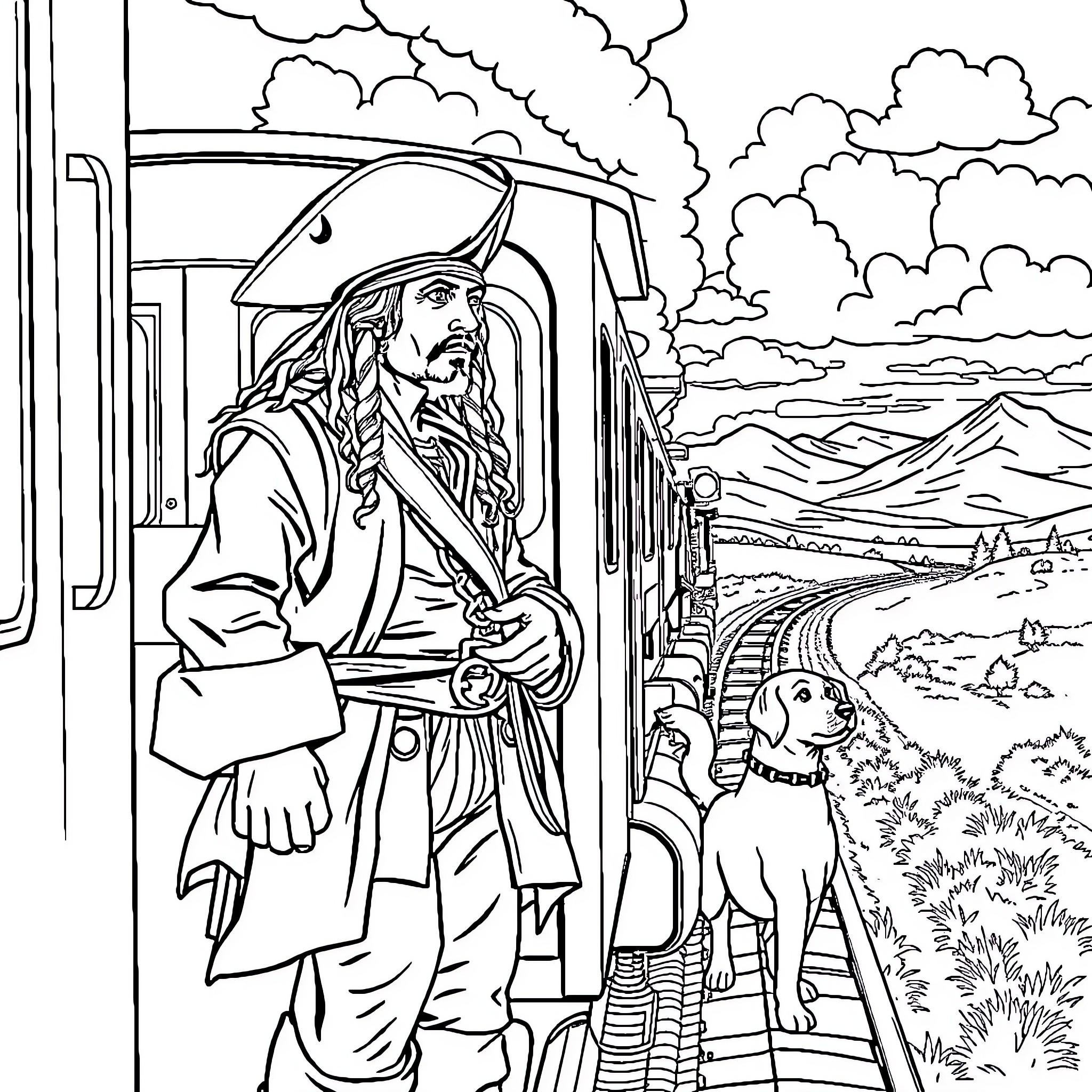 Jack Sparrow disembarking from a ship with his dog companion Coloring Page (free black-and-white line drawing printable PDF for all, from beginners to advanced learners, including children, teens, adults, and seniors)