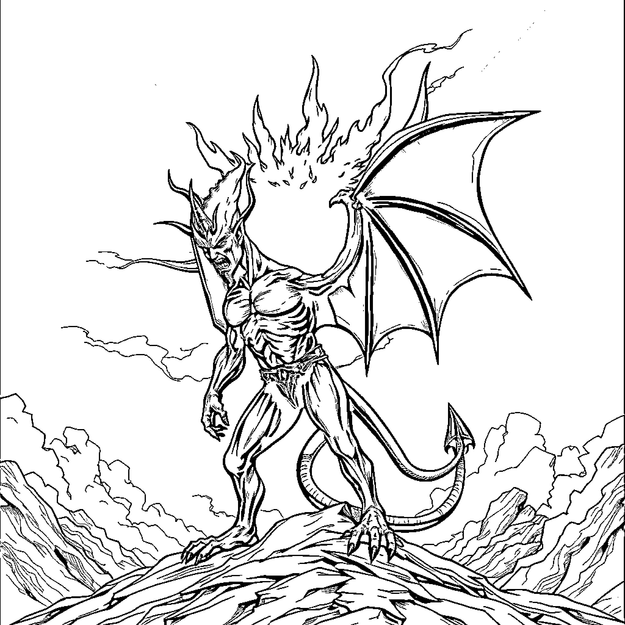Devil-like Creature Spreading Its Fiery Wings Coloring Page (free black-and-white line drawing printable PDF for all, from beginners to advanced learners, including children, teens, adults, and seniors)