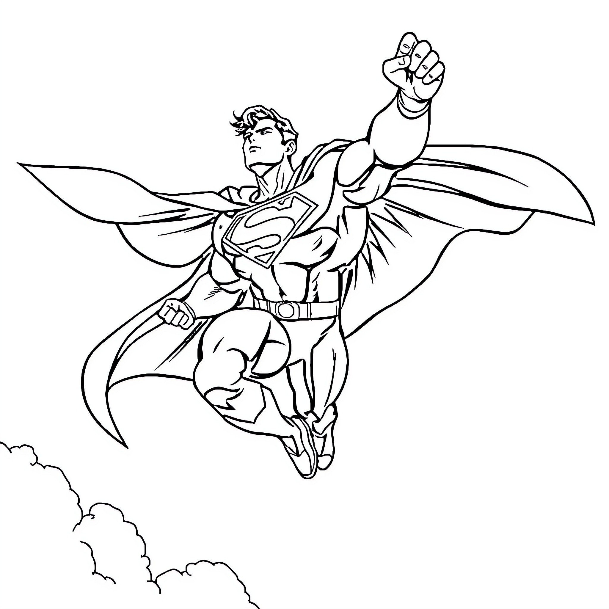Superman soaring with outstretched arms in action pose Coloring Page (free black-and-white line drawing printable PDF for all, from beginners to advanced learners, including children, teens, adults, and seniors)