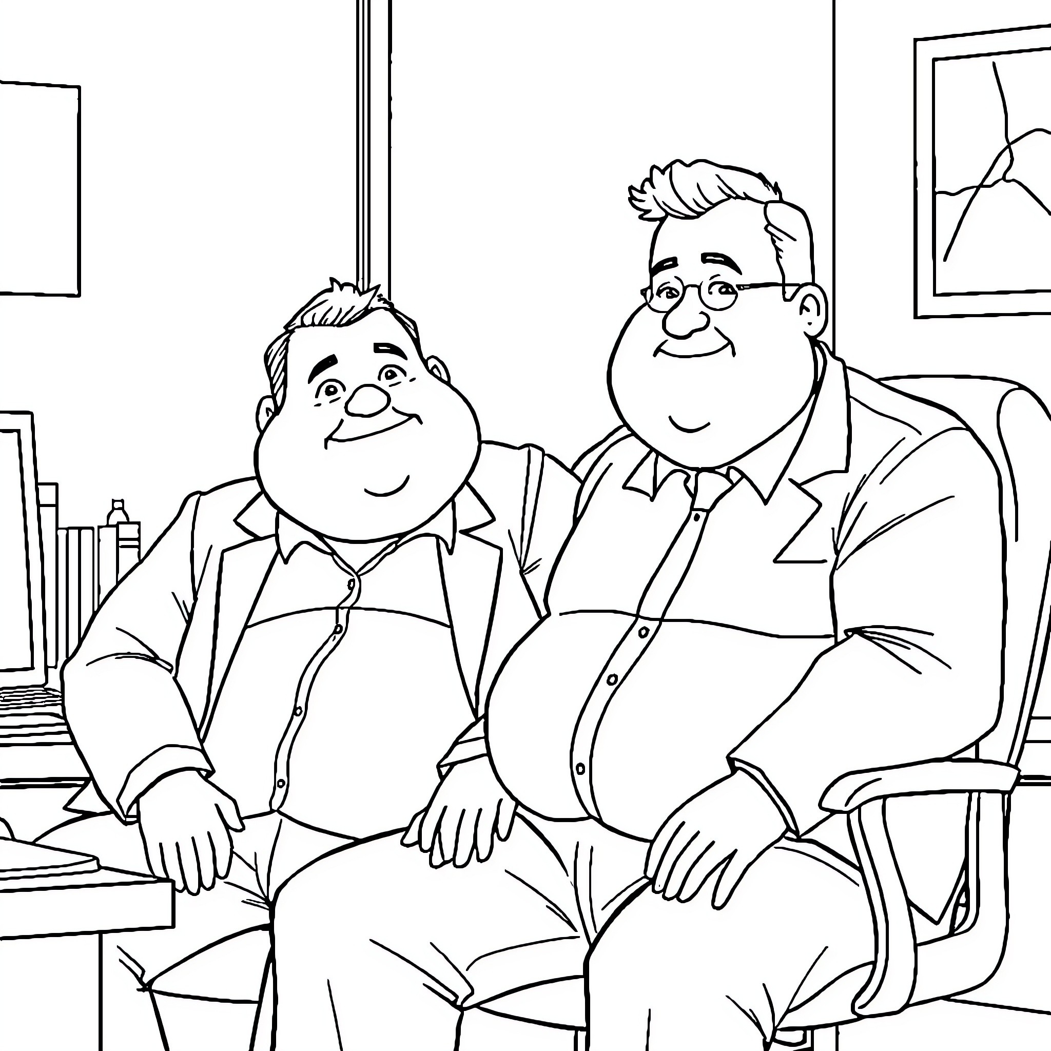 Guy friends relaxing and chatting in an office Coloring Page (free black-and-white line drawing printable PDF for all, from beginners to advanced learners, including children, teens, adults, and seniors)