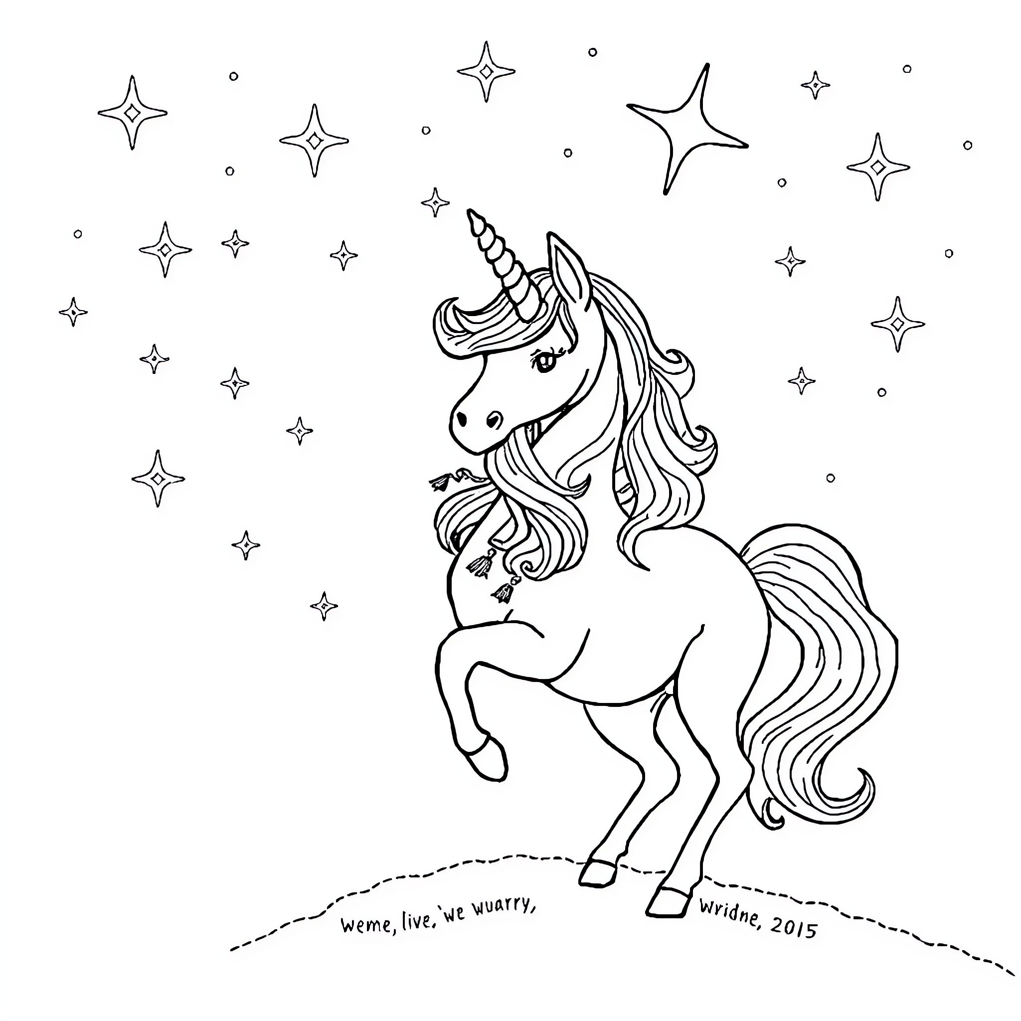 Unicorn prancing among sparkling stars Coloring Page (free black-and-white line drawing printable PDF for all, from beginners to advanced learners, including children, teens, adults, and seniors)