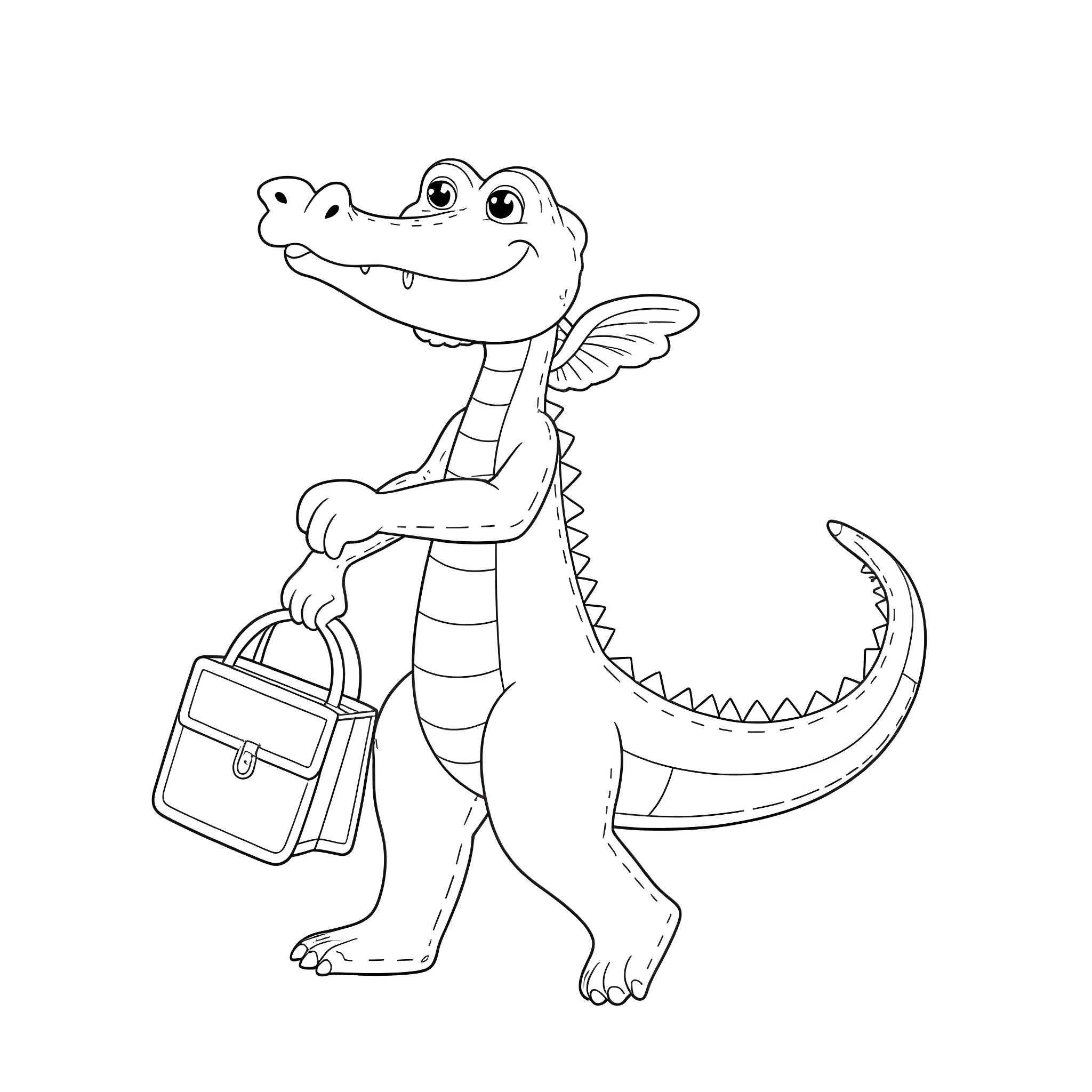 Alligator carrying a backpack happily Coloring Page (free black-and-white line drawing printable PDF for all, from beginners to advanced learners, including children, teens, adults, and seniors)