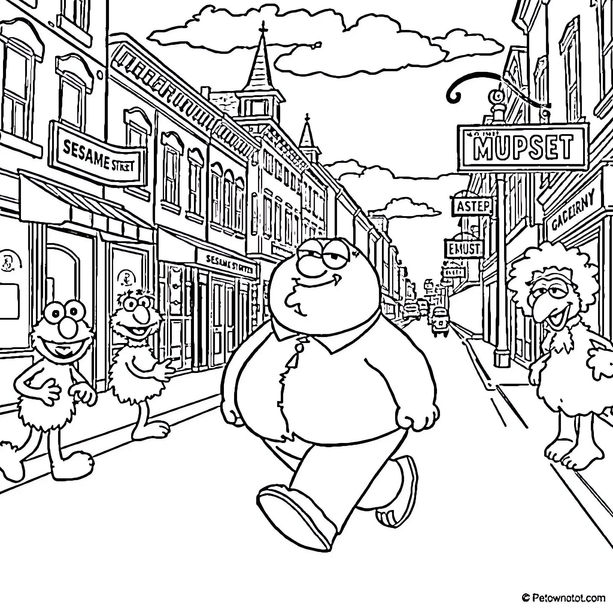 Peter Griffin's Whimsical Stroll Through Sesame Street Coloring Page (free black-and-white line drawing printable PDF for all, from beginners to advanced learners, including children, teens, adults, and seniors)
