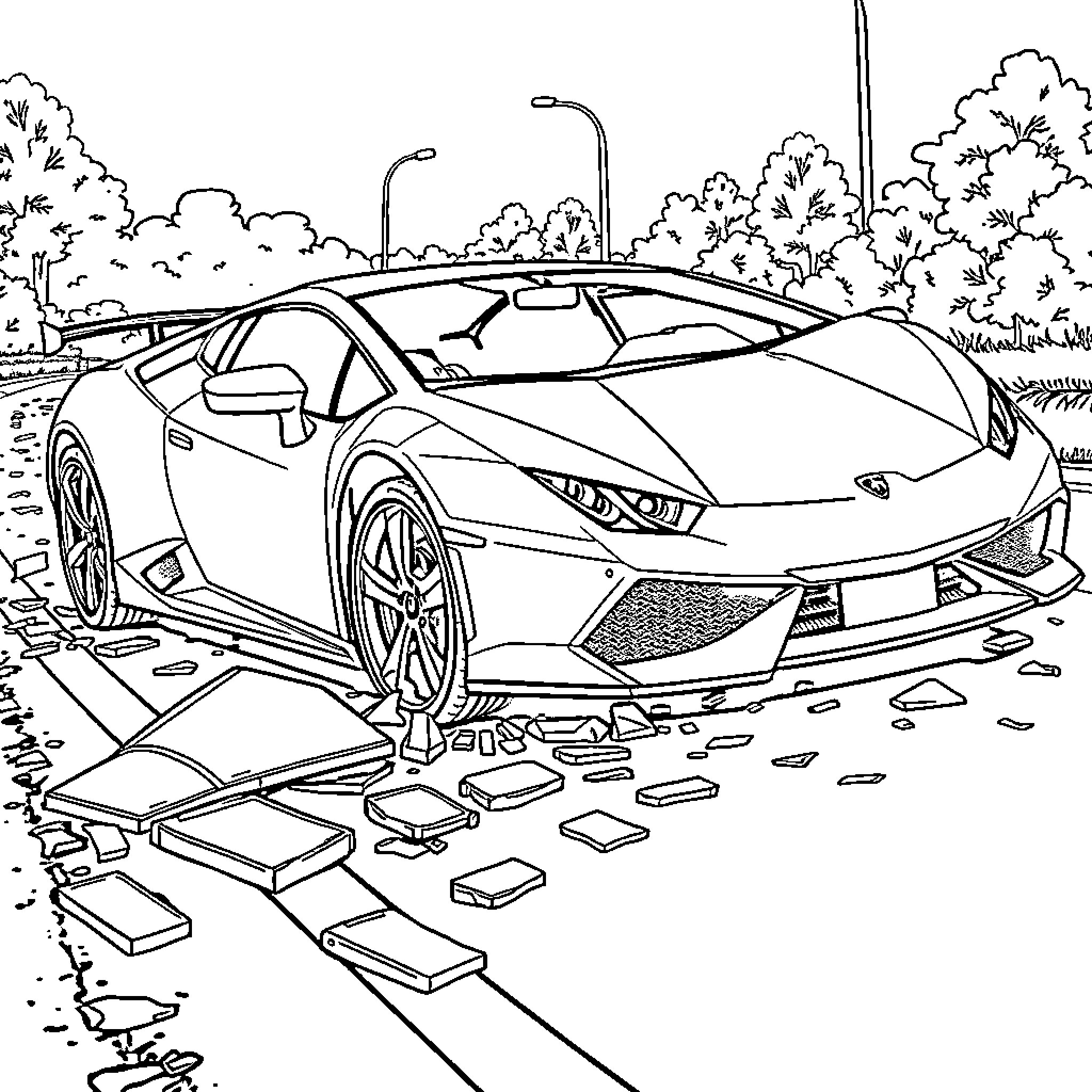 Lamborghini sports car in urban environment Coloring Page (free black-and-white line drawing printable PDF for all, from beginners to advanced learners, including children, teens, adults, and seniors)