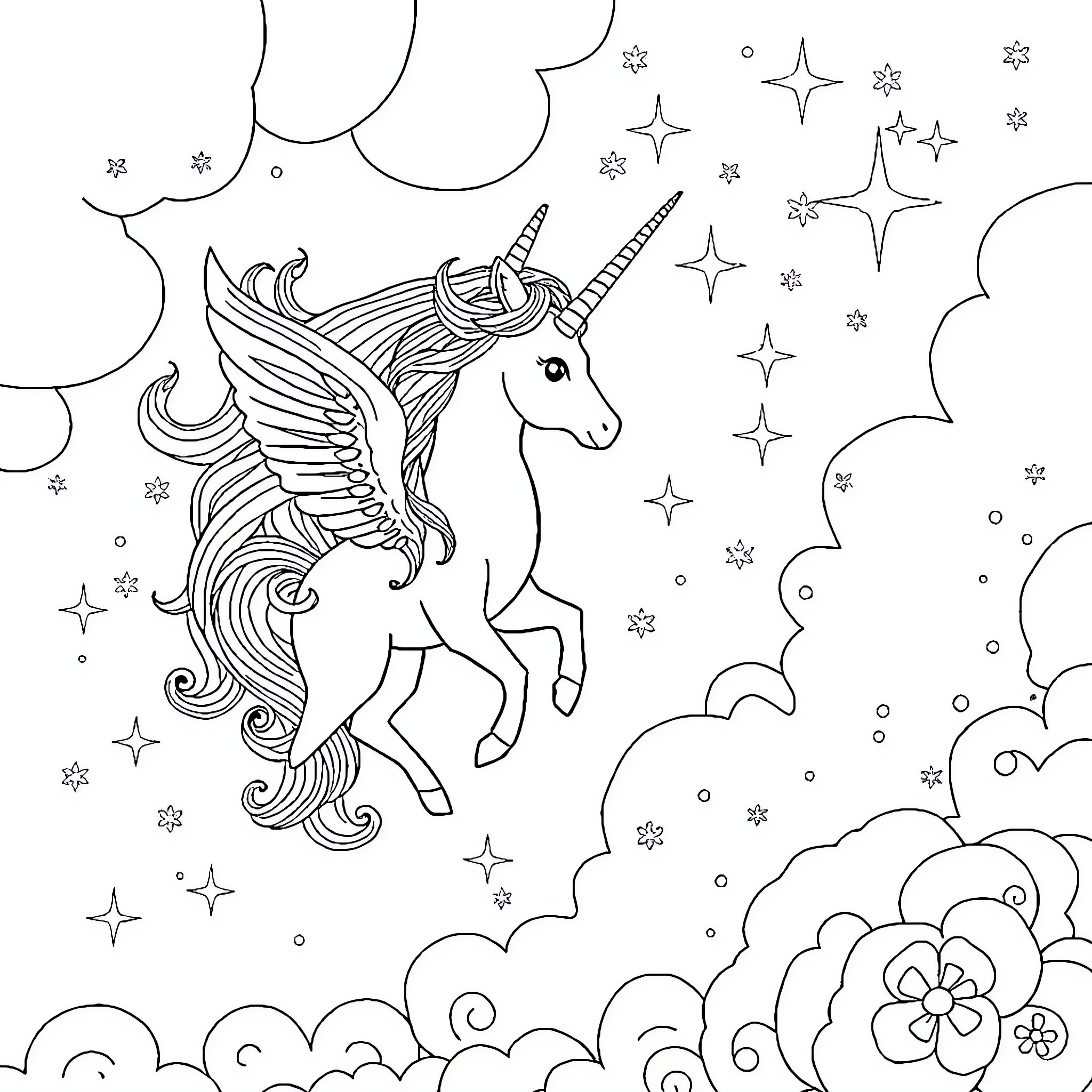Unicorn leaping amidst magical stars and clouds Coloring Page (free black-and-white line drawing printable PDF for all, from beginners to advanced learners, including children, teens, adults, and seniors)