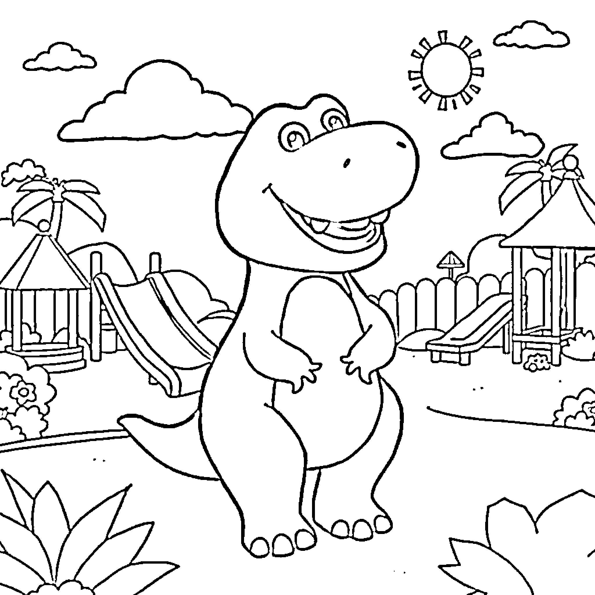 Barney plays happily on the playground Coloring Page (free black-and-white line drawing printable PDF for all, from beginners to advanced learners, including children, teens, adults, and seniors)