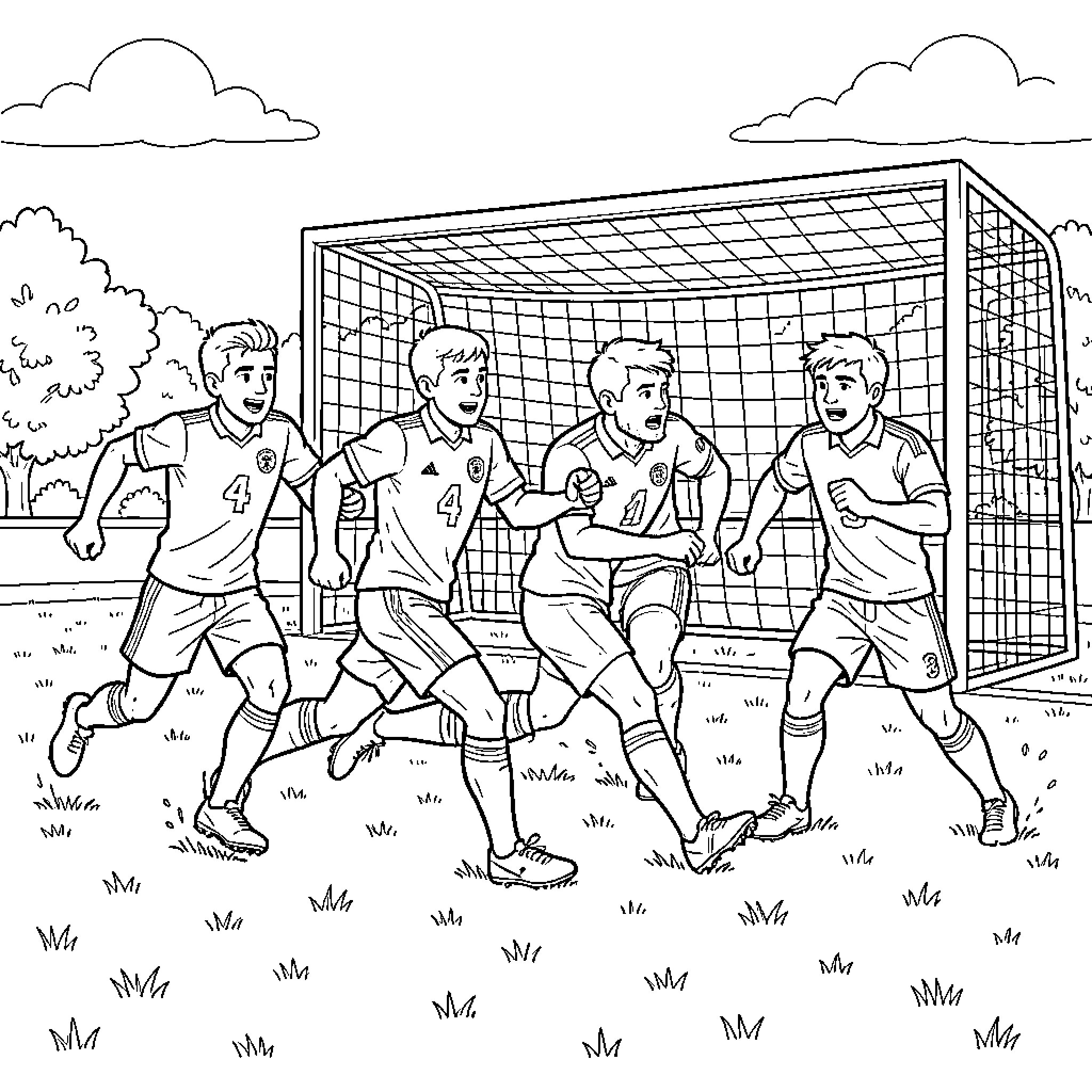 Football Player team running joyfully near the goal Coloring Page (free black-and-white line drawing printable PDF for all, from beginners to advanced learners, including children, teens, adults, and seniors)