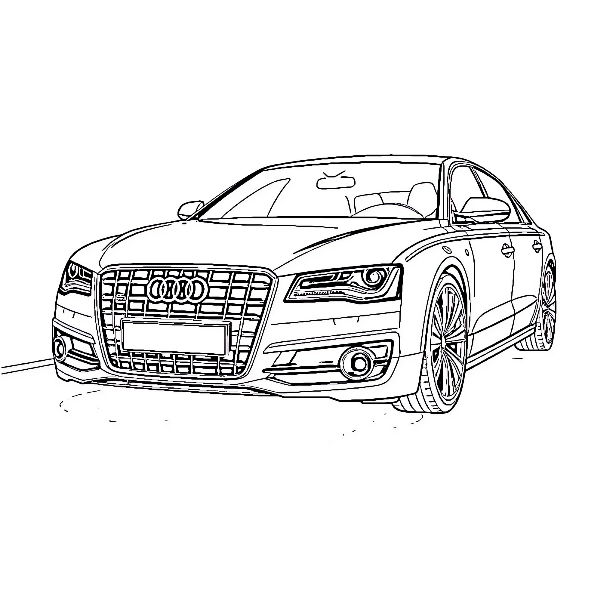 Audi luxury sedan on the road Coloring Page (free black-and-white line drawing printable PDF for all, from beginners to advanced learners, including children, teens, adults, and seniors)