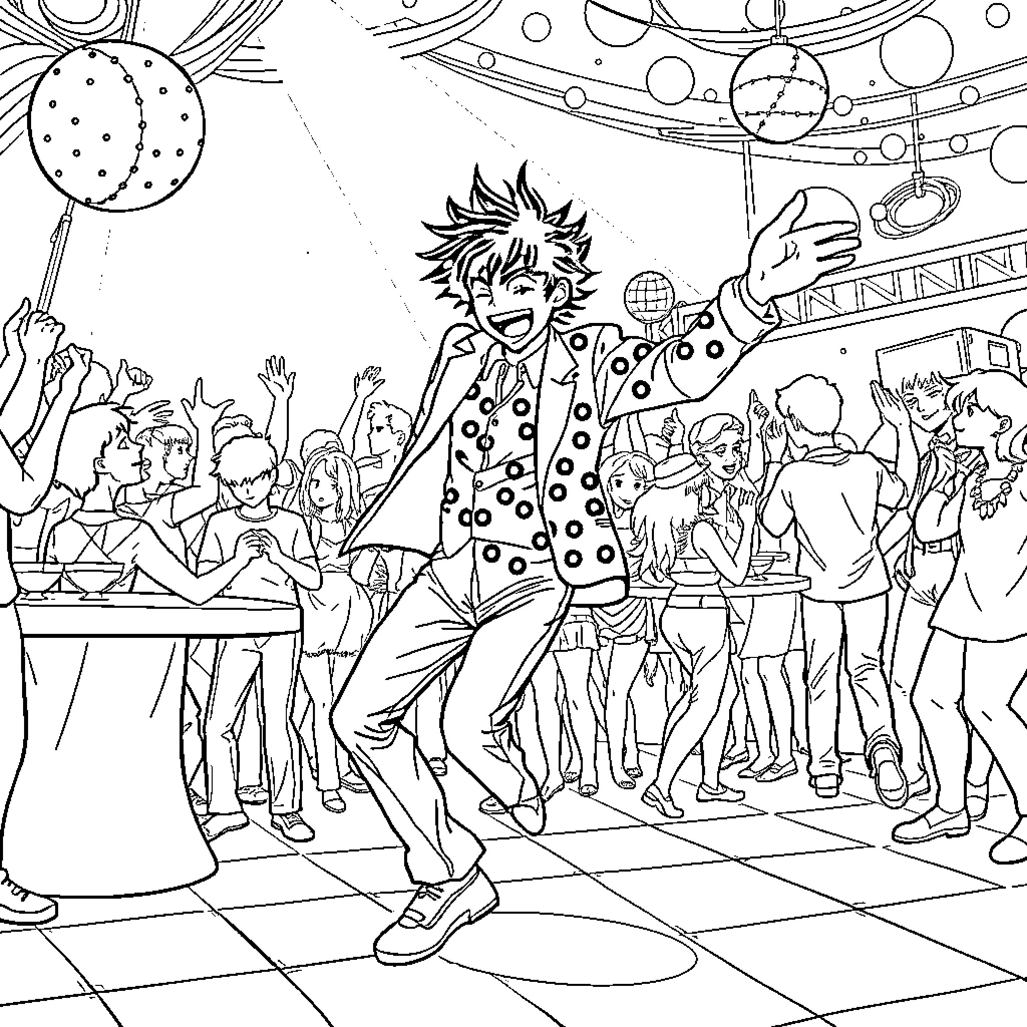 Yuuji Itadori dancing at a lively party Coloring Page (free black-and-white line drawing printable PDF for all, from beginners to advanced learners, including children, teens, adults, and seniors)