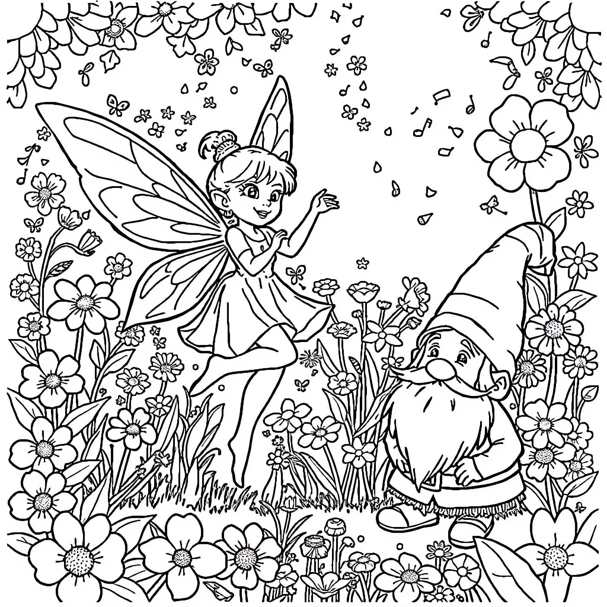 Fairy Frolicking with Gnome in Floral Garden Coloring Page (free black-and-white line drawing printable PDF for all, from beginners to advanced learners, including children, teens, adults, and seniors)