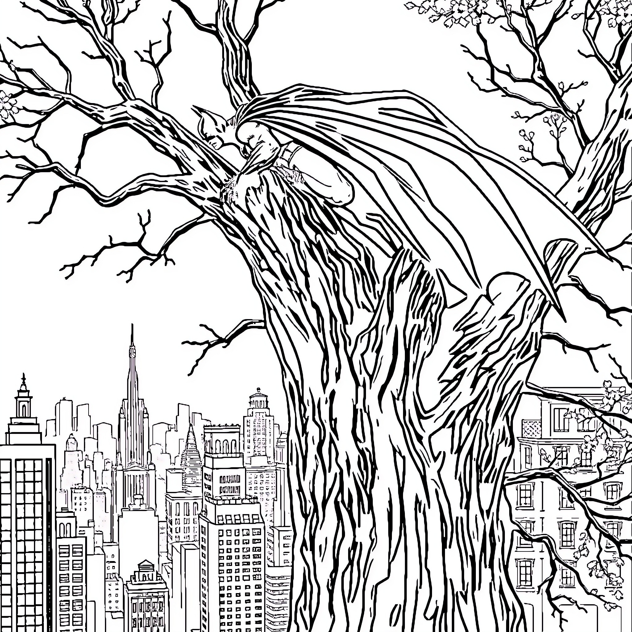 Batman soaring over Gotham City skyline Coloring Page (free black-and-white line drawing printable PDF for all, from beginners to advanced learners, including children, teens, adults, and seniors)