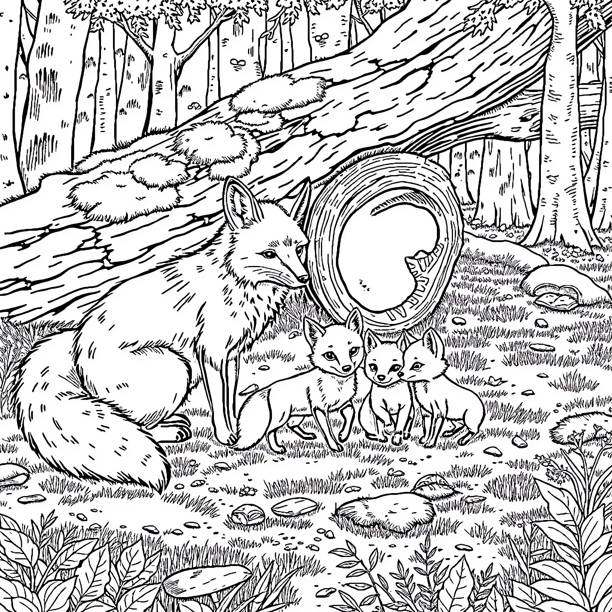 Fox Family Exploring Enchanted Forest Coloring Page (free black-and-white line drawing printable PDF for all, from beginners to advanced learners, including children, teens, adults, and seniors)