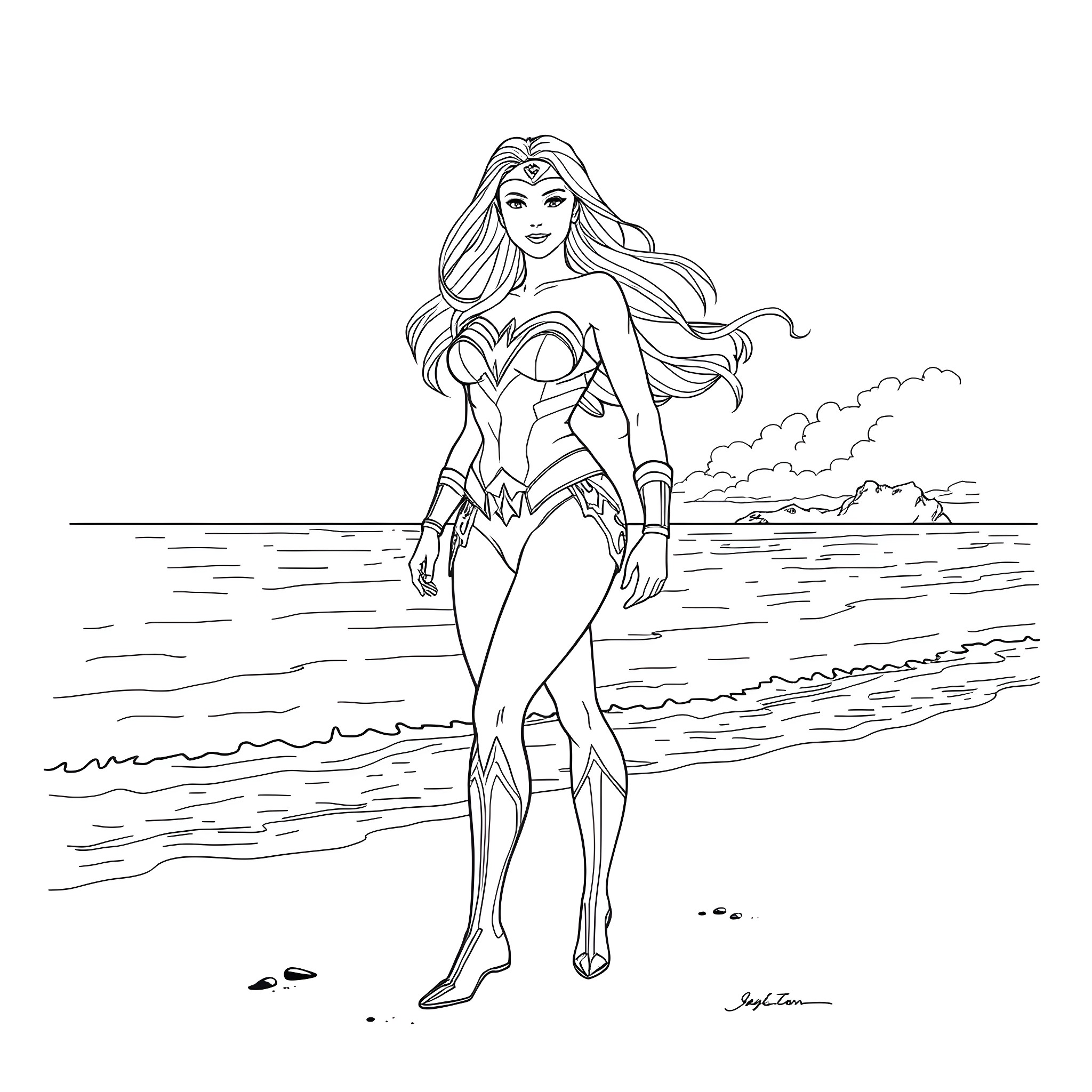 Wonder Woman in action by the sea Coloring Page (free black-and-white line drawing printable PDF for all, from beginners to advanced learners, including children, teens, adults, and seniors)