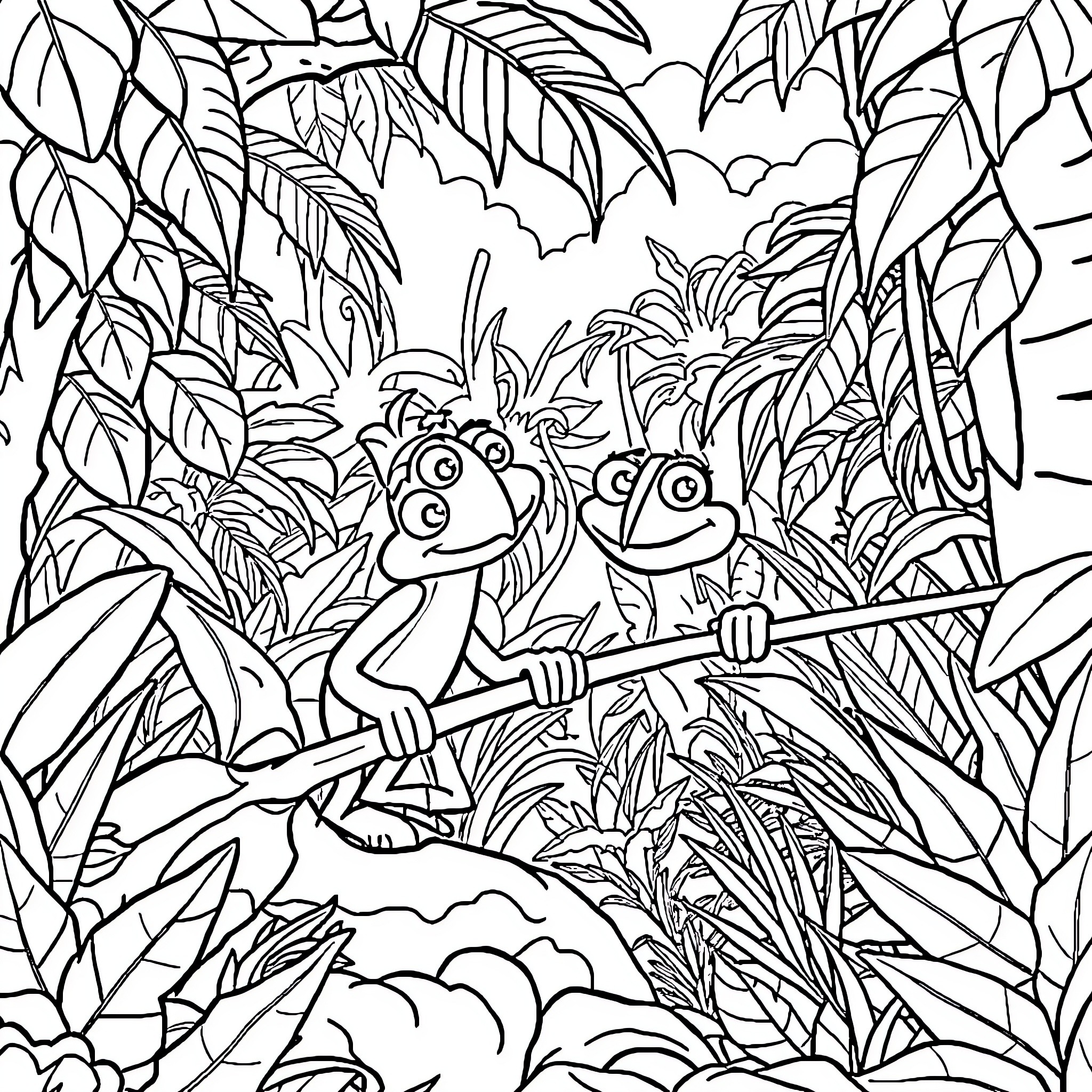 Wild Kratz creatures explore the lush jungle Coloring Page (free black-and-white line drawing printable PDF for all, from beginners to advanced learners, including children, teens, adults, and seniors)