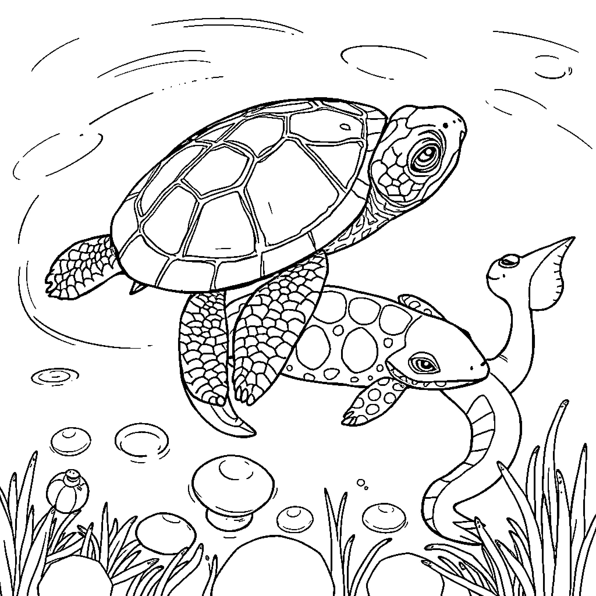 Turtle swimming in underwater scene Coloring Page (free black-and-white line drawing printable PDF for all, from beginners to advanced learners, including children, teens, adults, and seniors)